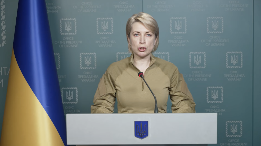Ukrainian minister Iryna Vereshchuk delivers a video message via social media on March 30.