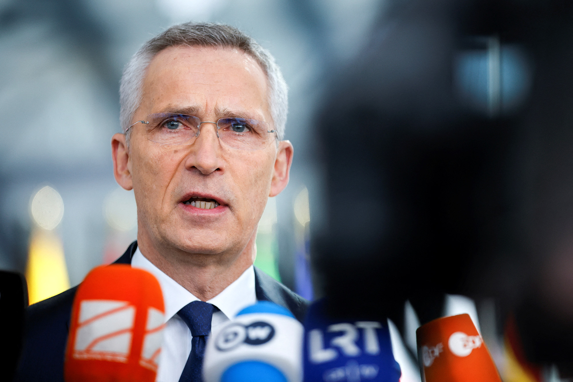 NATO Secretary-General Jens Stoltenberg delivers a statement during the NATO foreign ministers' meeting at the Alliance's headquarters in Brussels, Belgium, on April 4.