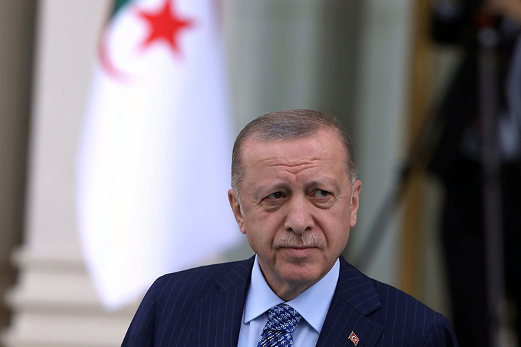 Turkish President Recep Tayyip Erdogan arrives for a welcoming ceremony for his Algerian counterpart, Abdelmadjid Tebboune, in Ankara, Turkey, Monday, May 16.