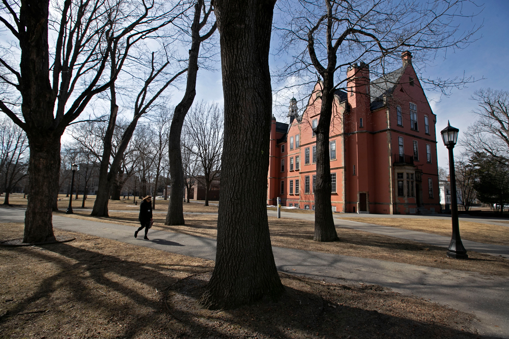 The Bowdoin College campus is nearly empty during spring break, Wednesday, March 11 in Brunswick, Maine.