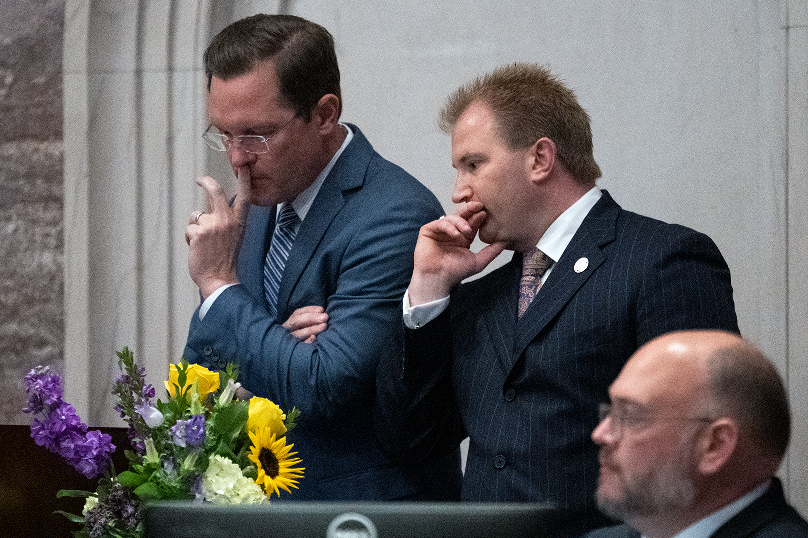 House Speaker Cameron Sexton talks with Rep. William Lamberth during expulsion proceedings for three House Democrats on the floor of the House chamber on Thursday, April 6, in Nashville.