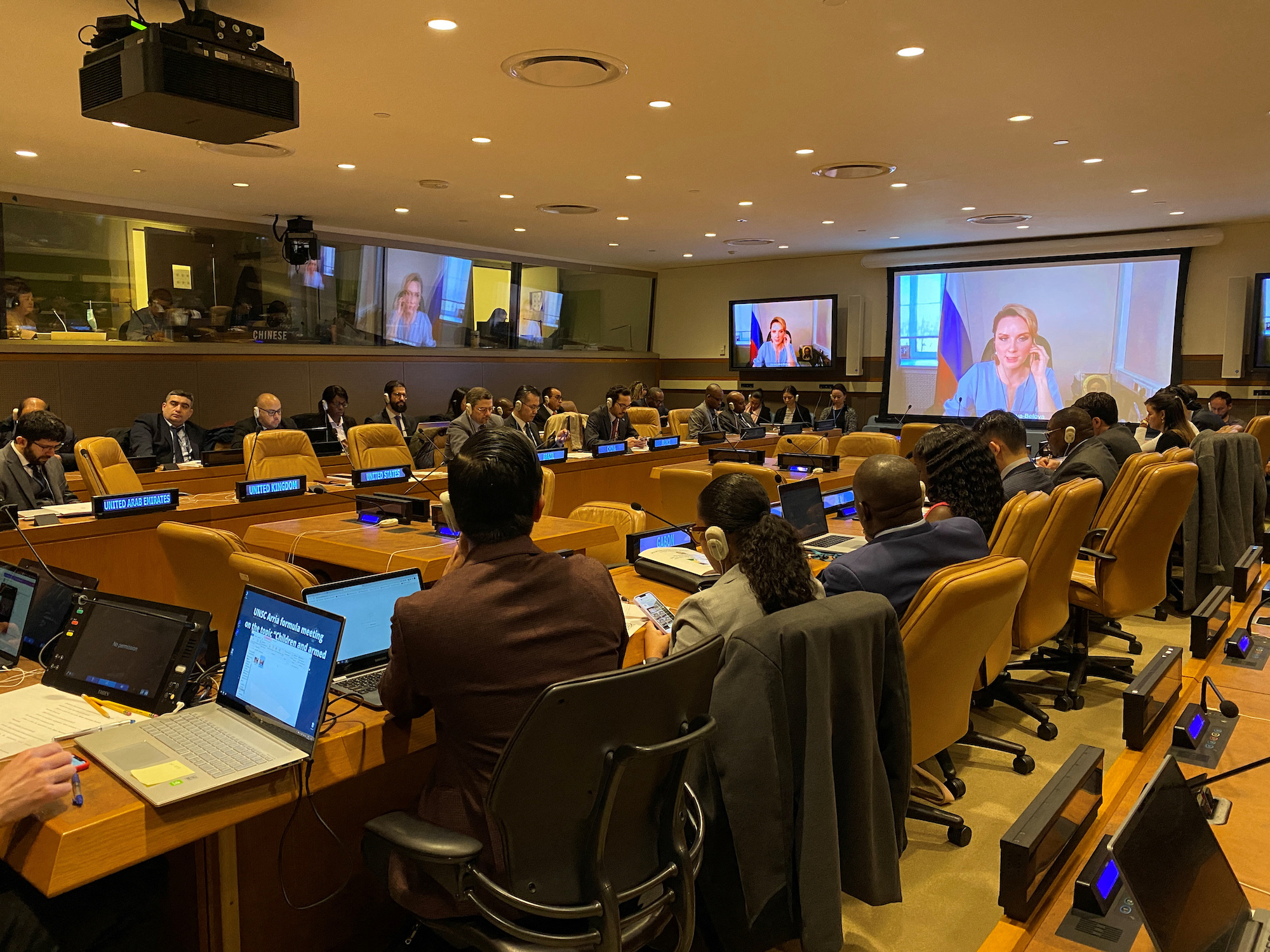 Russia's Commissioner for children's rights Maria Lvova-Belova addresses an informal meeting of UN Security Council members via video at the UN headquarters in New York City on Wednesday.