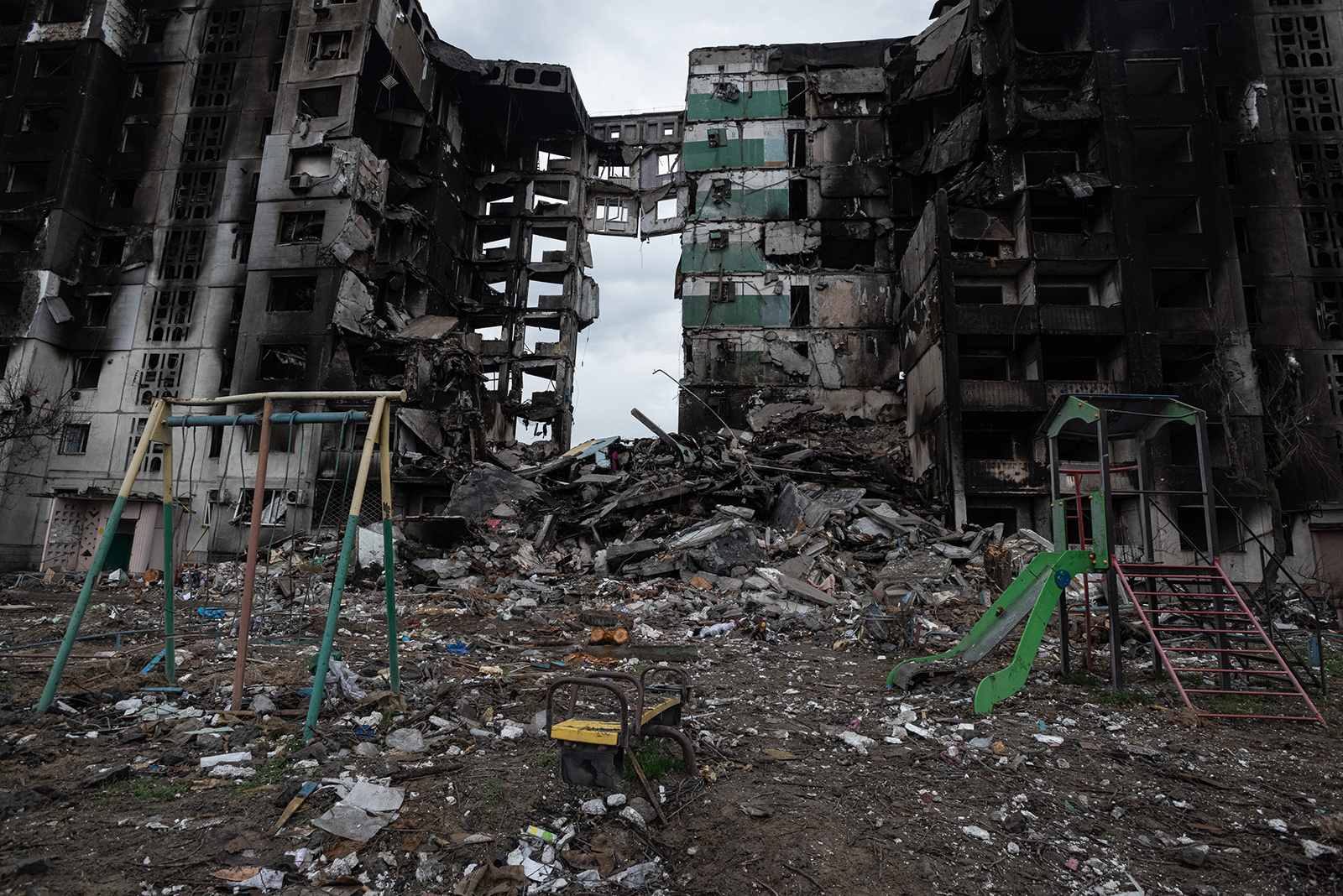 A destroyed apartment building is seen in Borodianka, Ukraine on April 9. 