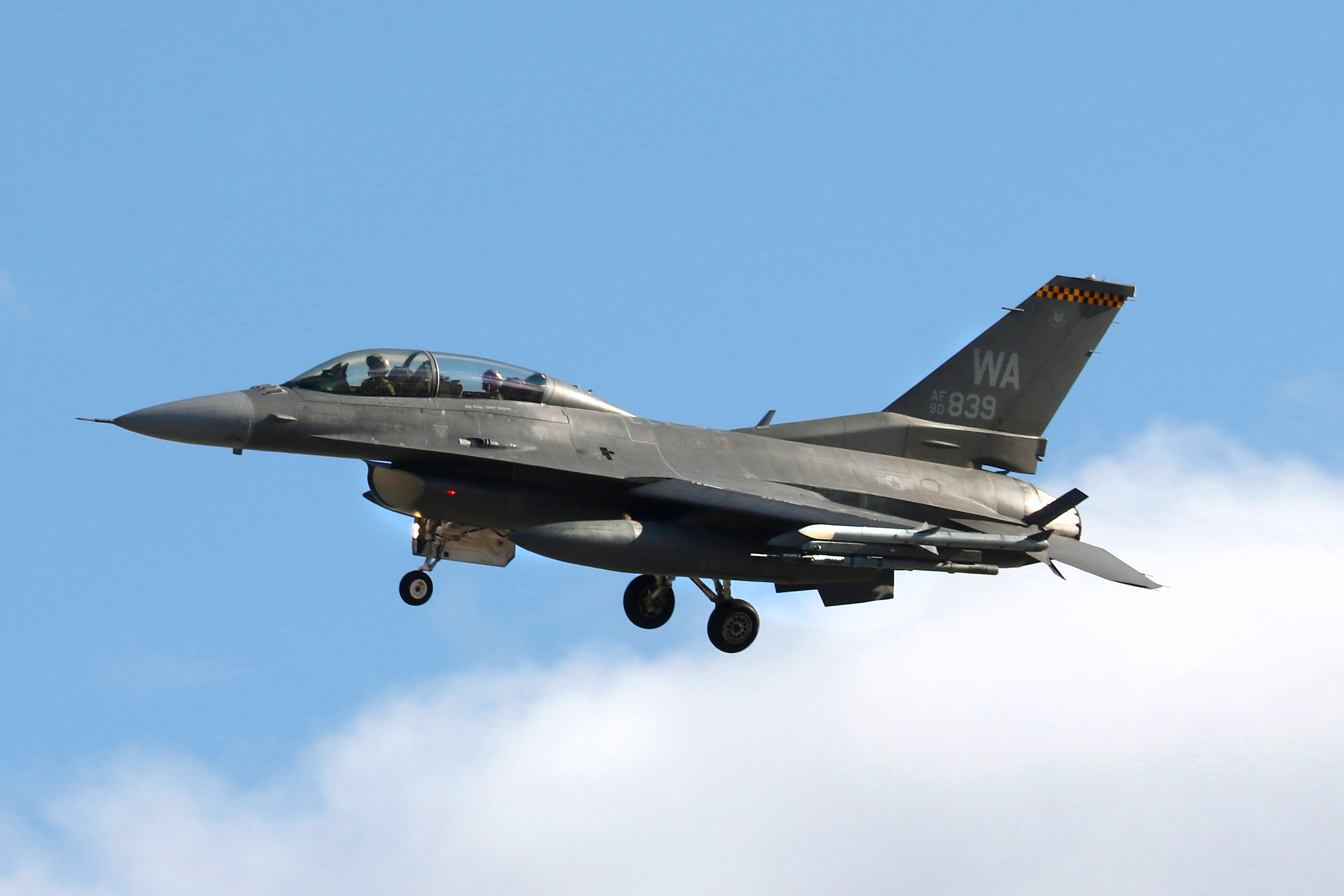 A US Air Force F-16 fighter jet flies at Nellis Air Force Base near Las Vegas in 2022. 