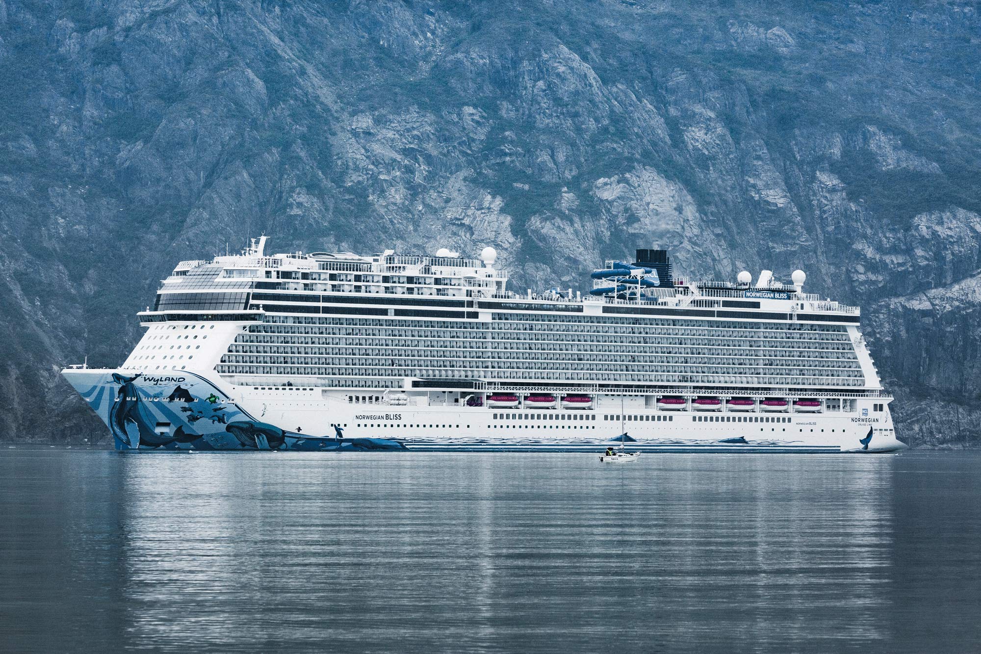The Norwegian Cruise Line Holdings Ltd. Norwegian Bliss cruise ship passes through John Hopkins Inlet in Glacier Bay, Alaska, on July 11, 2019. 