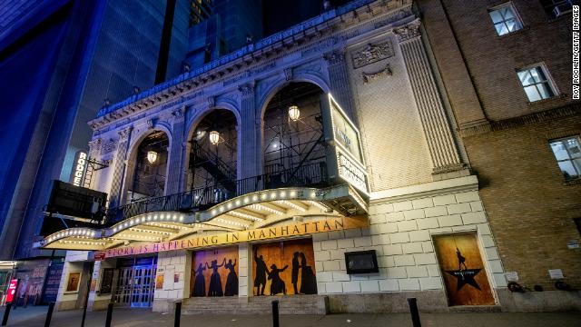 A view of the "Hamilton" marquee at the Richard Rodgers Theatre in New York on May 3, 2020, as Broadway productions closed their doors during the coronavirus pandemic. 