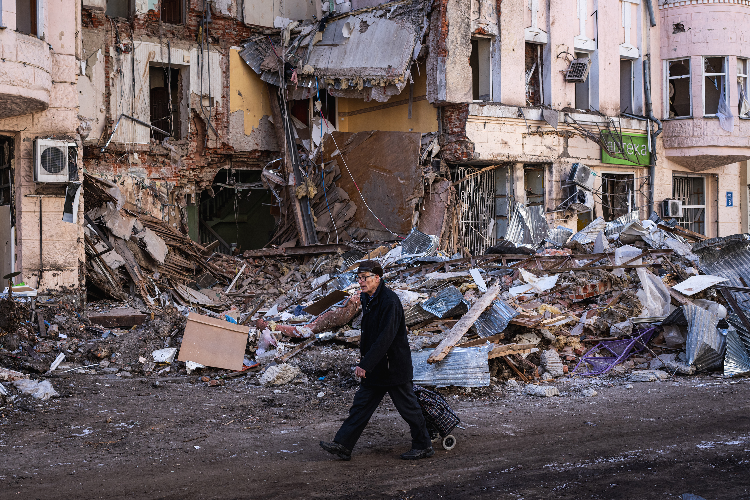 Damaged buildings in Kharkiv, Ukraine on March 19.
