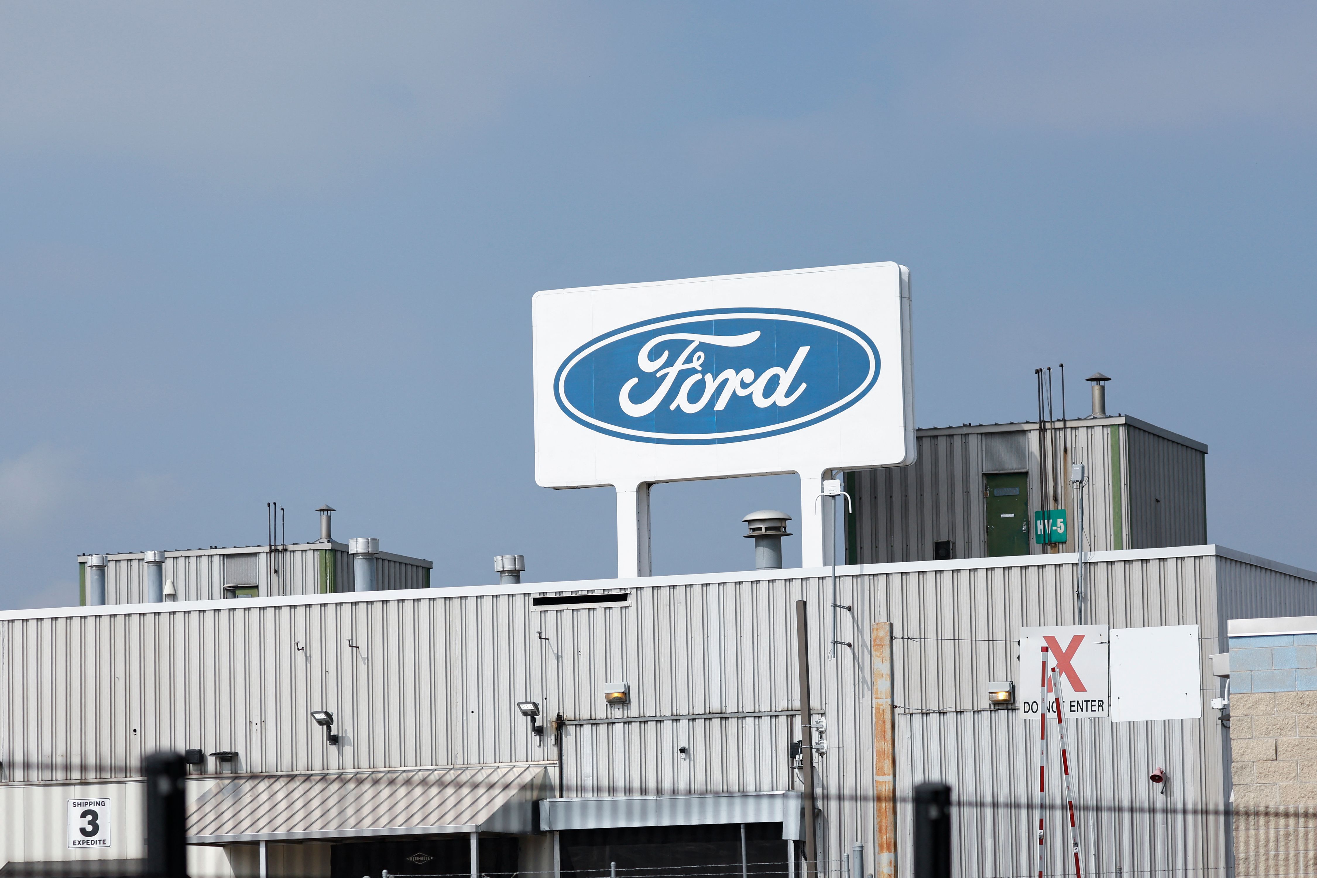 The Ford logo is seen on top of the Ford's Chicago Assembly Plant in Chicago, Illinois, on September 29, 2023.