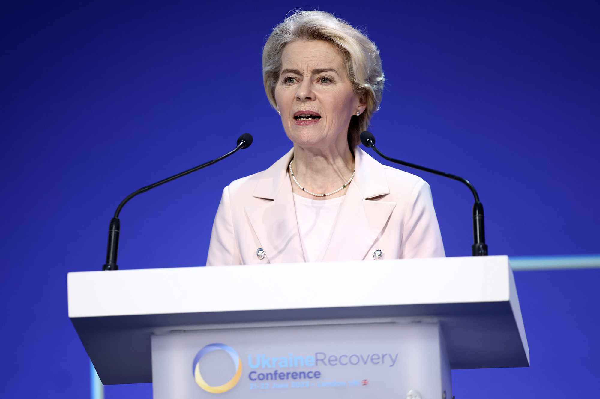 European Commission President Ursula von der Leyen addresses the opening session on the first day of the Ukraine Recovery Conference in London, England on June 21.