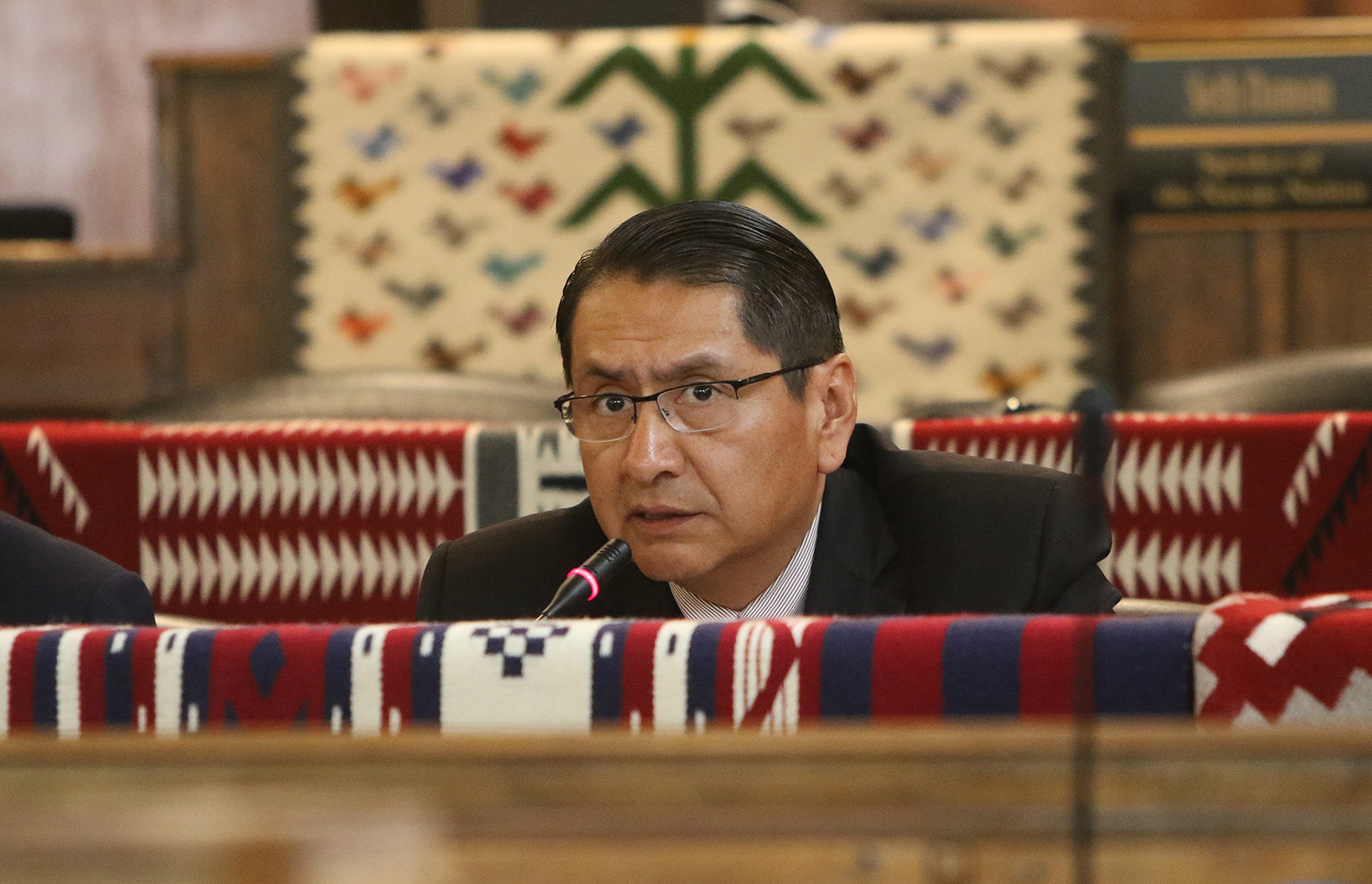 Navajo Nation President Jonathan Nez delivers the State of the Nation address at the summer session for the Navajo Nation Council in Window Rock, Arizona, on July 15, 2019.