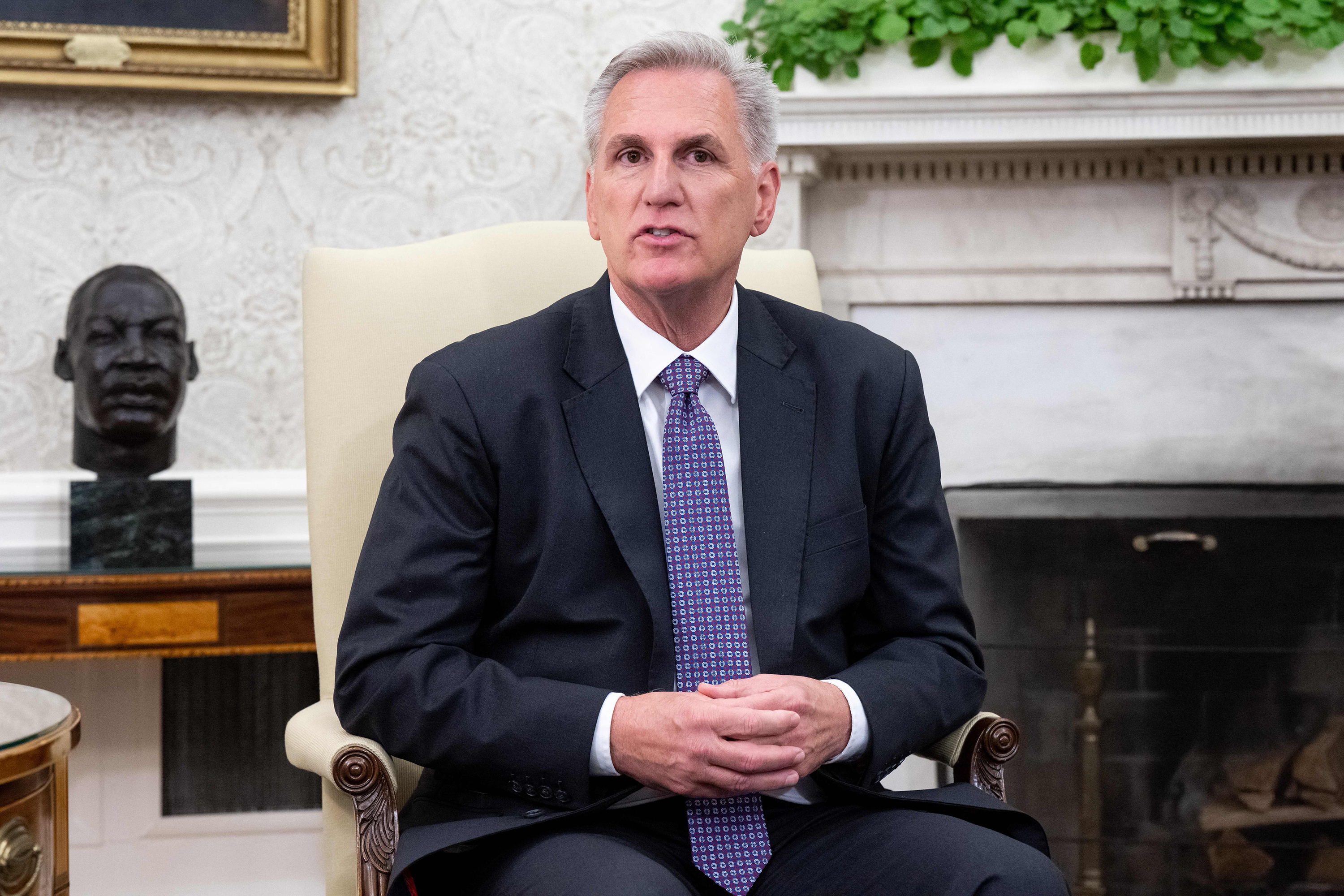 House Speaker Kevin McCarthy (R-CA) speaks during a meeting on the debt ceiling with President Joe Biden in the Oval Office of the White House in Washington, DC, on May 22.