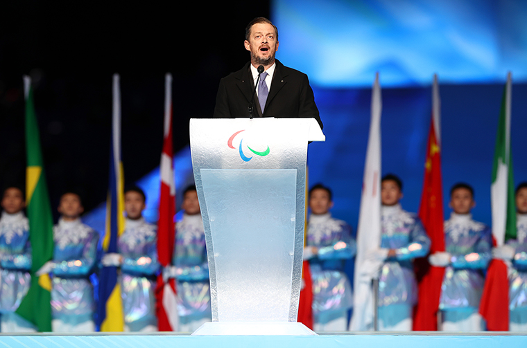 Andrew Parsons, President of IPC makes a speech during the Opening Ceremony of the Beijing 2022 Winter Paralympics at the Beijing National Stadium on Friday, March 04, in Beijing, China. 
