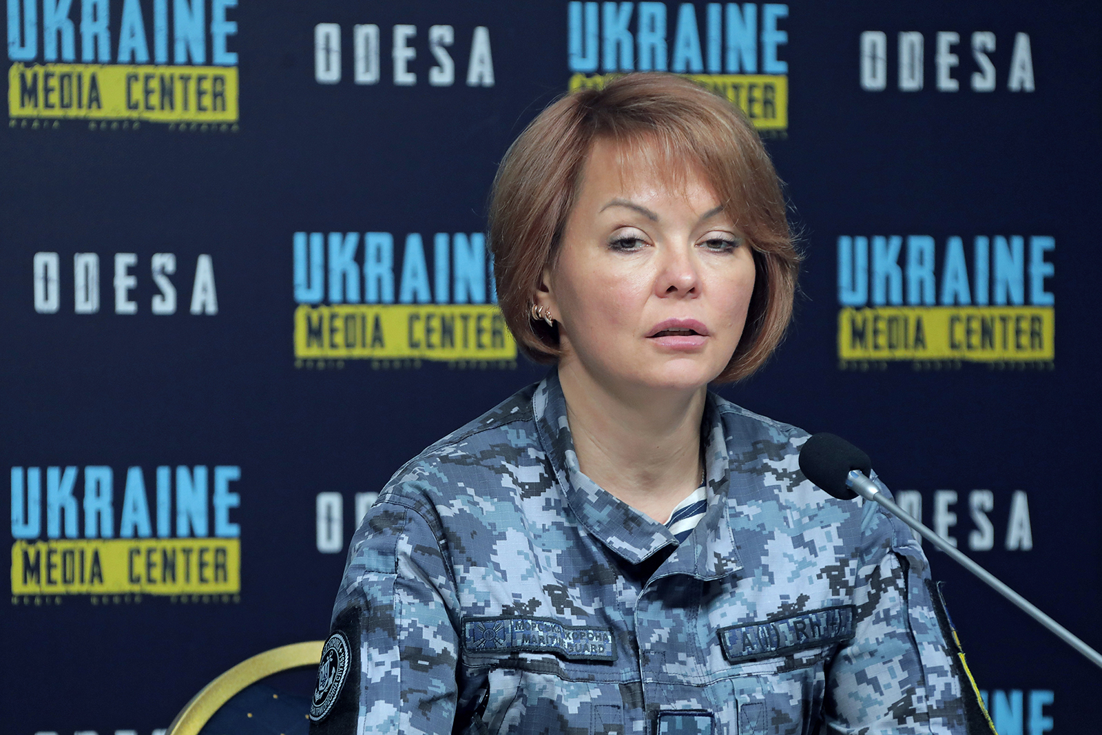 Natalia Humeniuk attends a briefing in Odesa, southern Ukraine on May 4.