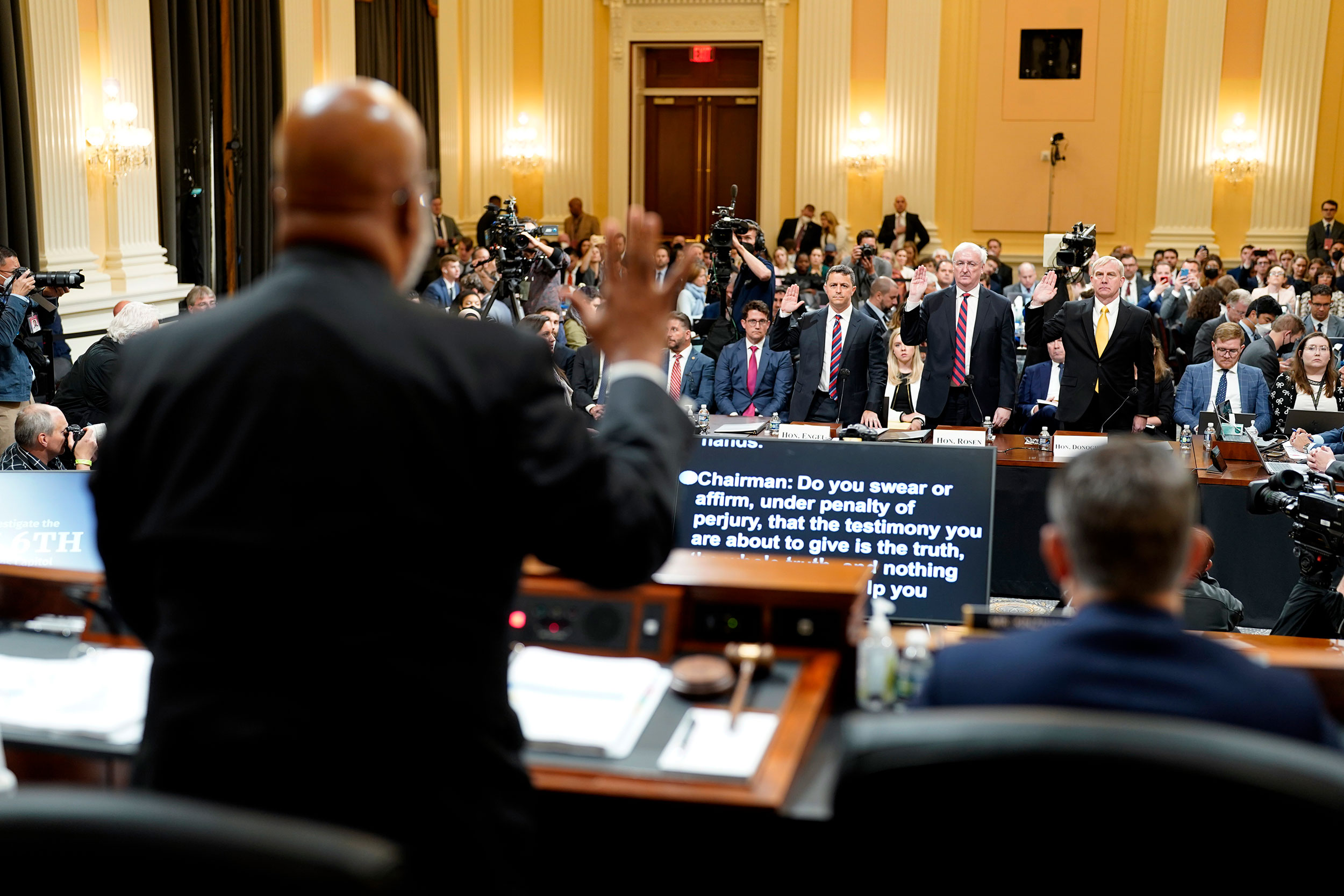 Rep. Bennie Thompson swears in Steven Engel, Jeffrey A. Rosen, and Richard Donoghue during the hearing on June 23.