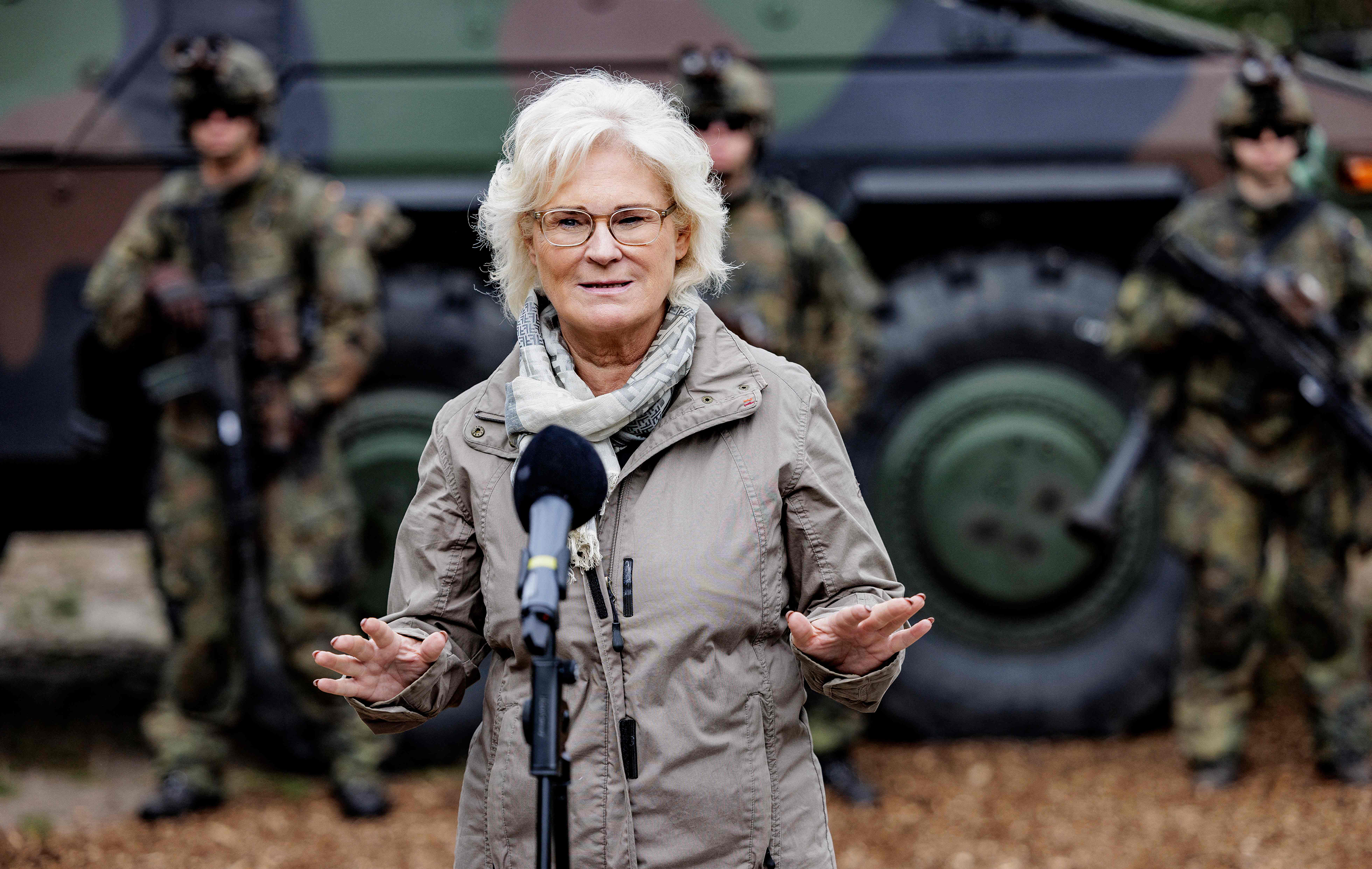 German Minister of Defense Christine Lambrecht addresses journalists on July 11 in Munster, northwestern Germany. 