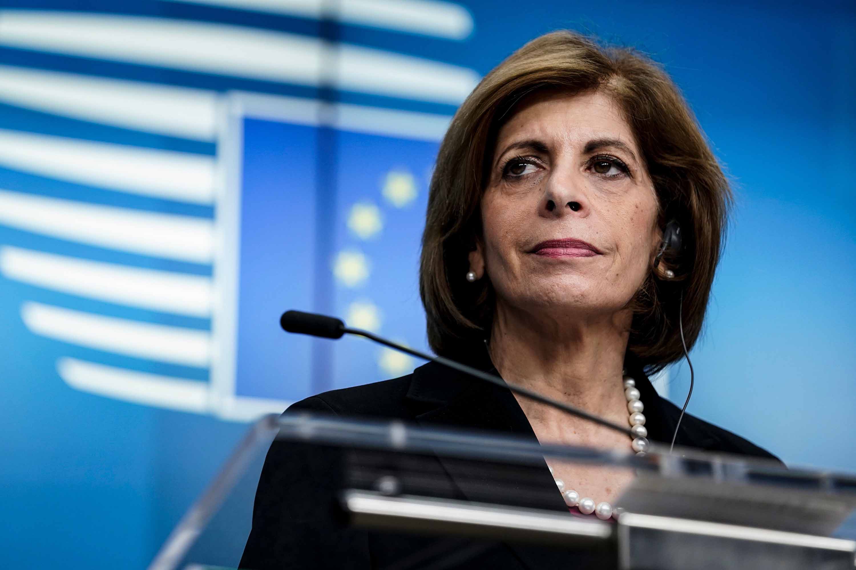 EU Commissioner for Health, Stella Kyriakides gives a press conference in Brussels, Belgium on March 6.