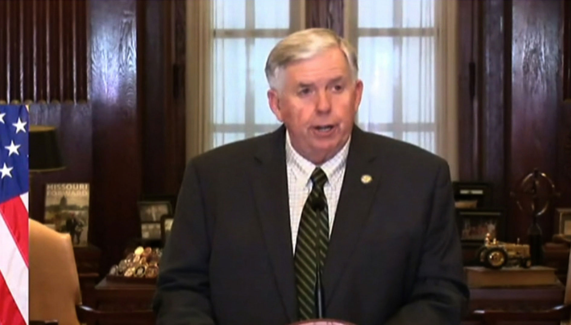 Missouri Gov. Mike Parson speaks during a media briefing in Jefferson City, Missouri, on May 4.