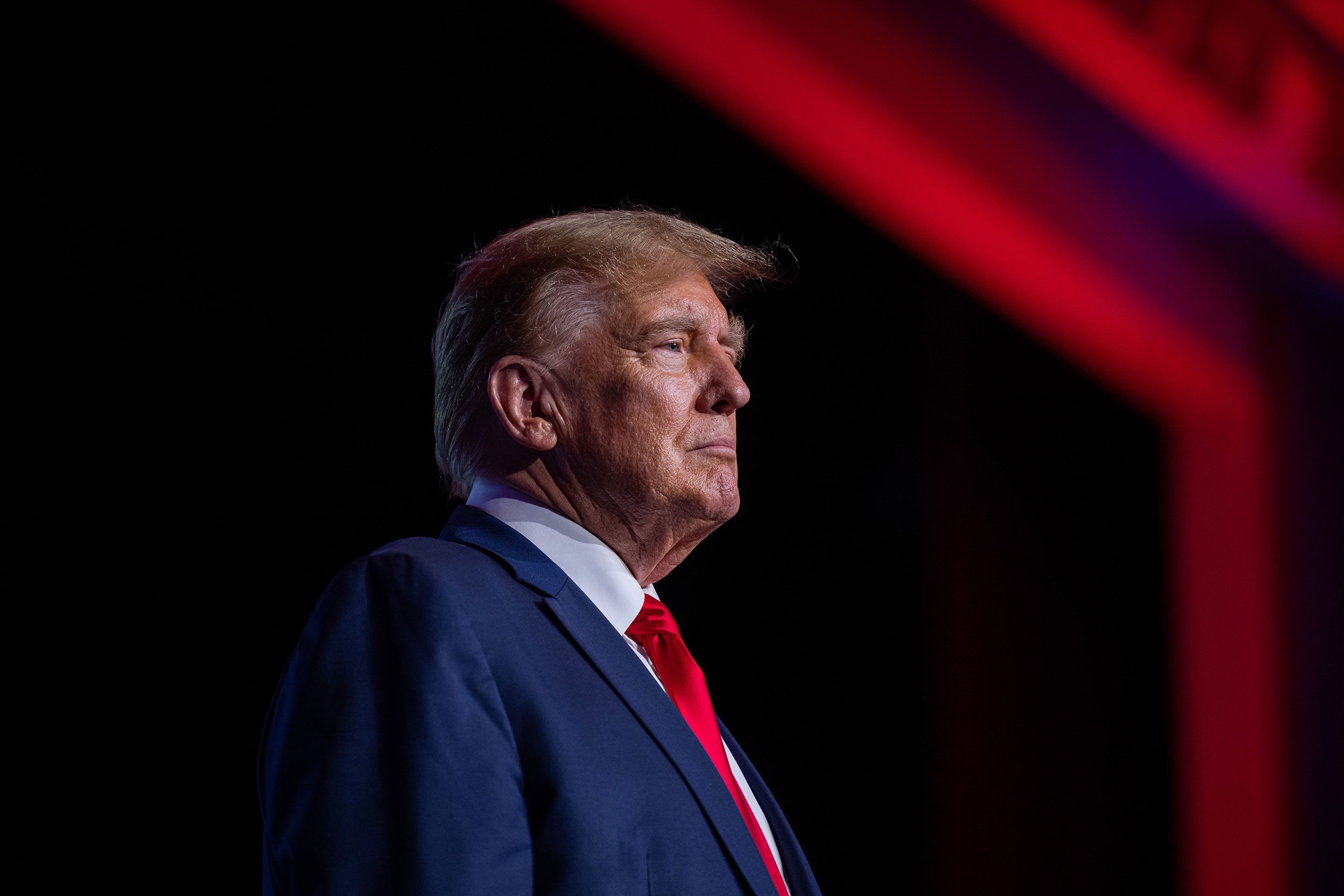 Former President Donald Trump stands on stage during the 2024 NRB International Christian Media Convention Presidential Forum at The Gaylord Opryland Resort and Convention Center on February 22 in Nashville, Tennessee.