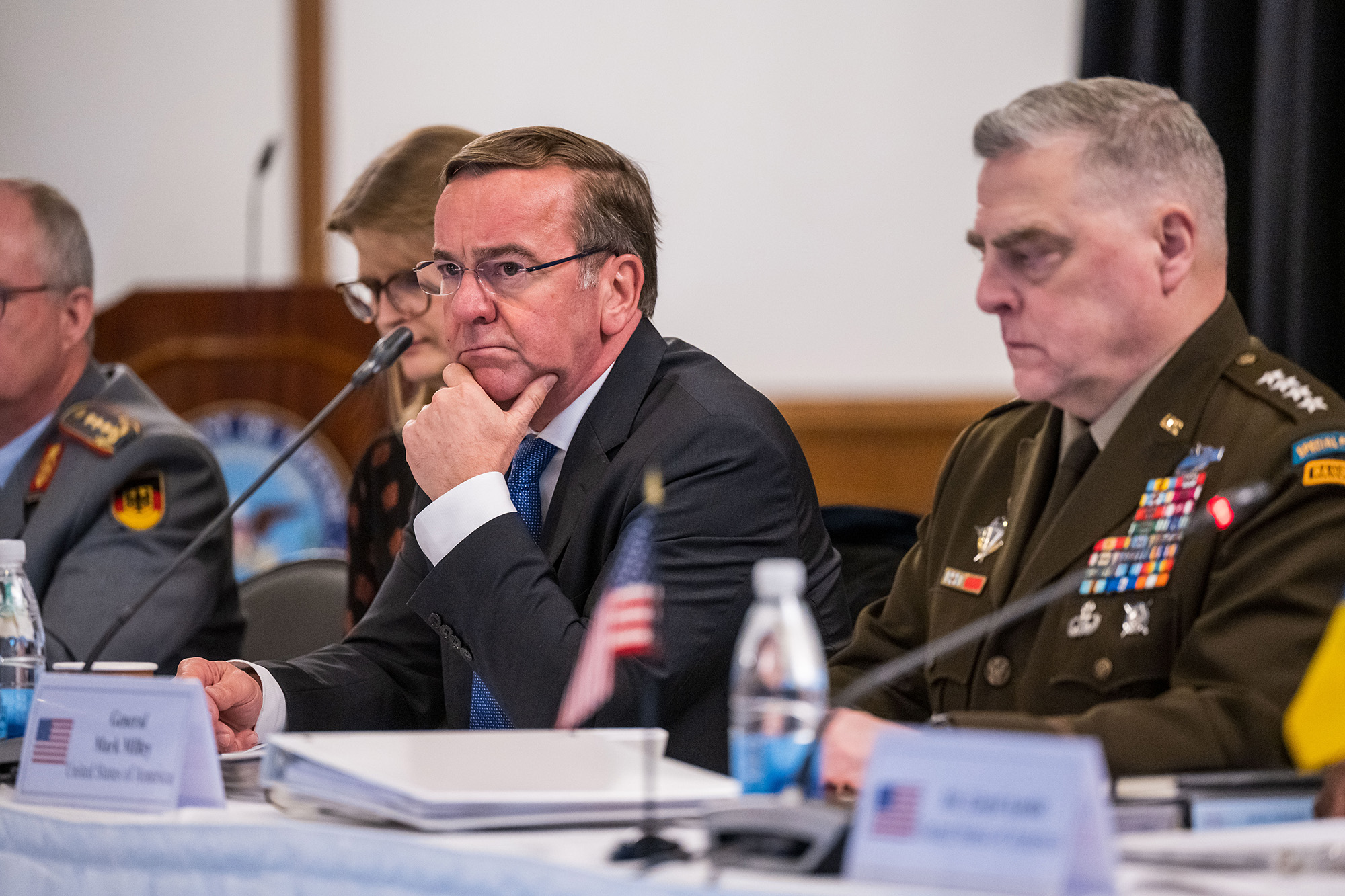 German Defence Minister Boris Pistorius and Chairman of the U.S. Joint Chiefs of Staff Gen. Mark Milley pictured during a meeting of the Ukraine Defense Contact Group at Ramstein Air Base on January 20, in Ramstein-Miesenbach, Germany. 