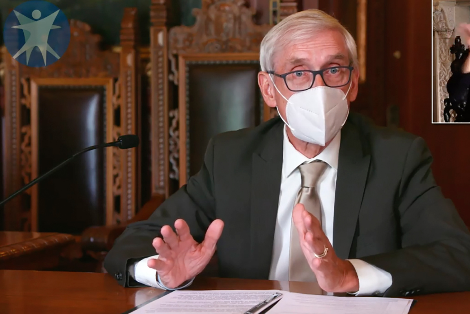 This image taken from video by the Wisconsin Department of Health Services shows Wisconsin Gov. Tony Evers on July 30, in Madison, Wisconsin.