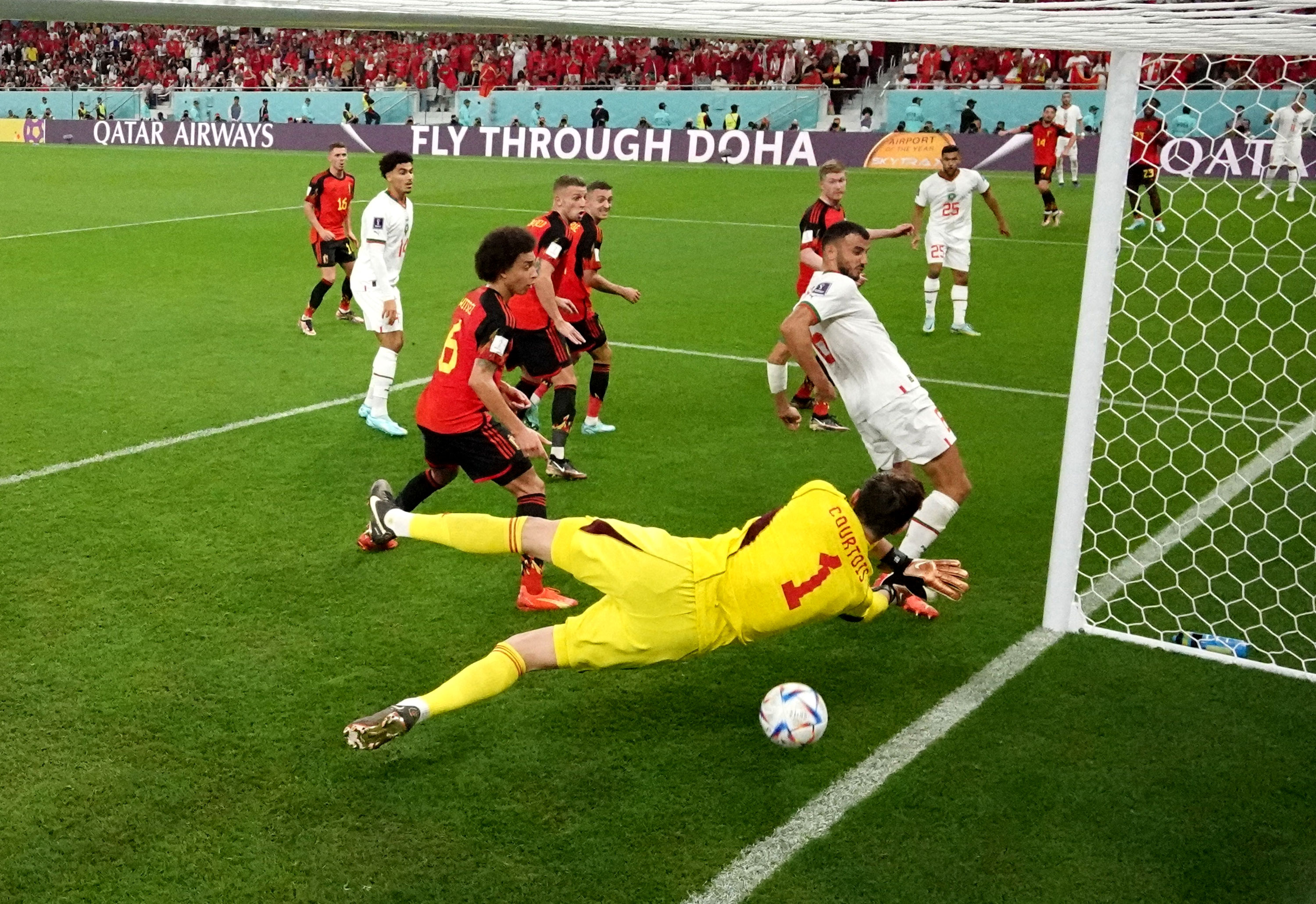 Belgium’s goalkeeper Thibaut Courtois fails to block a shot on goal by Morocco’s Abdelhamid Sabiri.
