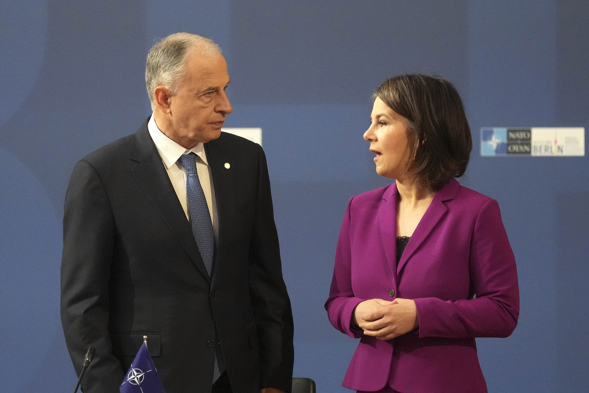 German Foreign Minister Annalena Baerbock, right, talks to Mircea Geoana, Nato Deputy Secretary General prior to an informal meeting of the North Atlantic Council in Foreign Ministers' session in Berlin on Sunday, May 15.