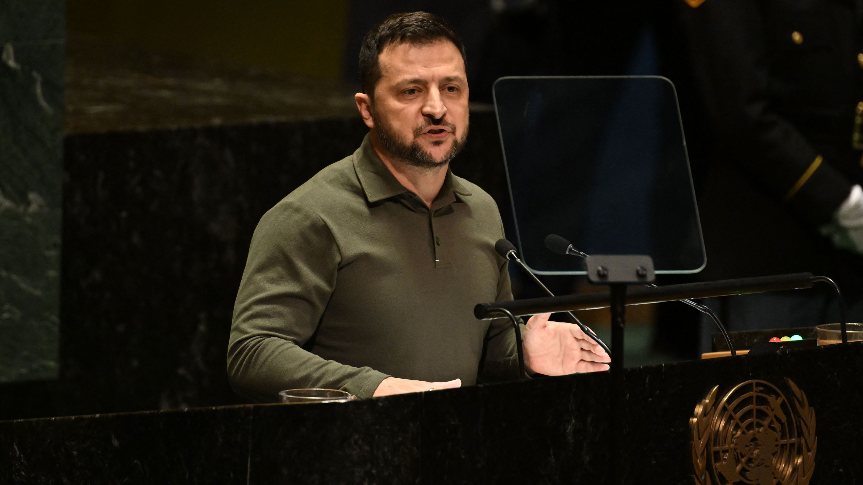 Ukrainian President Volodymyr Zelensky addresses the 78th United Nations General Assembly at UN headquarters in New York City on September 19, 2023. 