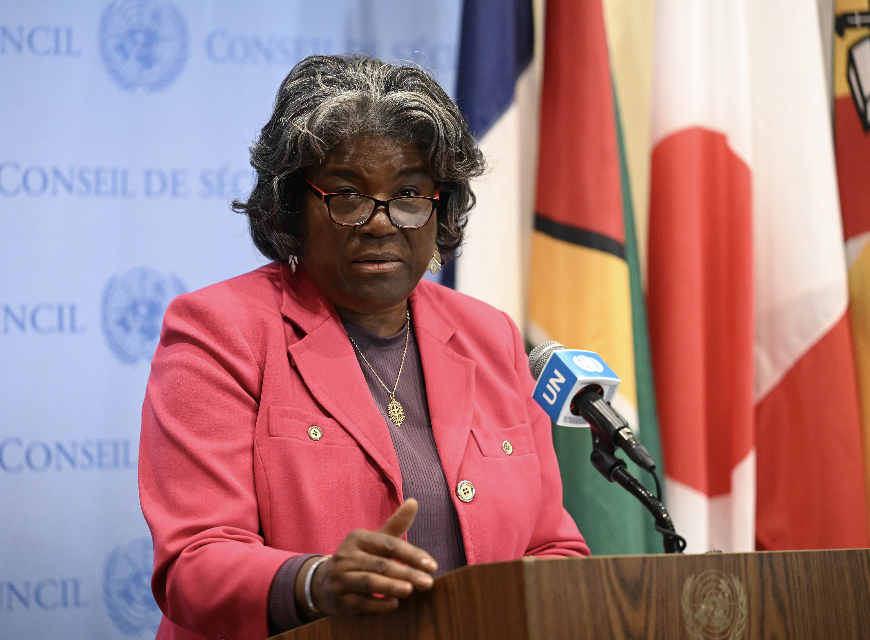 US ambassador to the United Nations, Linda Thomas-Greenfield, delivers remarks on the United Nations Relief and Works Agency for Palestine Refugees in the Near East (UNRWA) at the United Nations Headquarters in New York, on January 30.