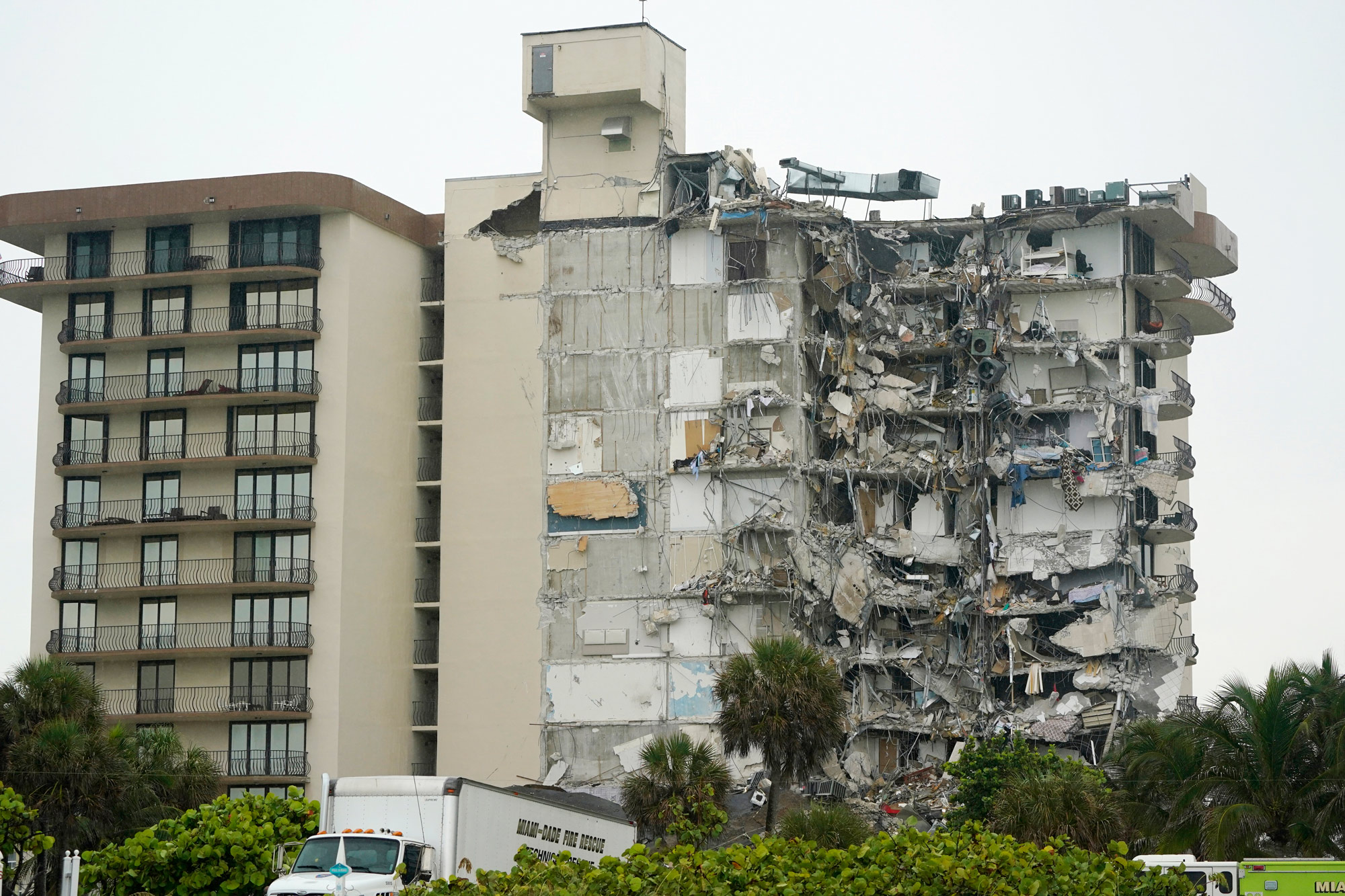 The Champlain Towers South condo building is seen after a partial collapse on June 24 in Surfside, Florida.