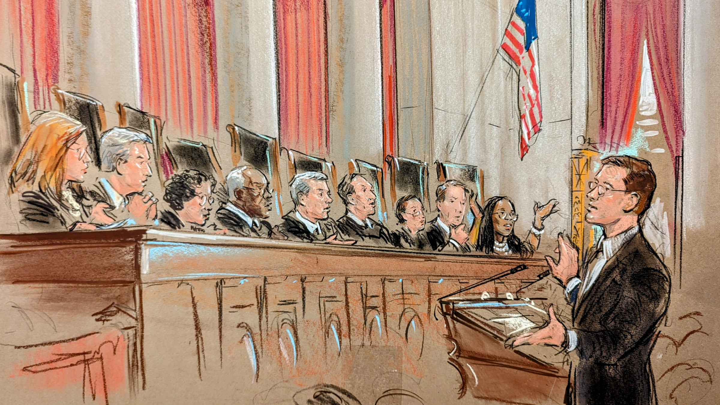 In this sketch from court, D. John Sauer argues before the US Supreme Court over whether former President Donald Trump is immune from criminal prosecution in Washington, DC, on Thursday, April 25, 2024.
