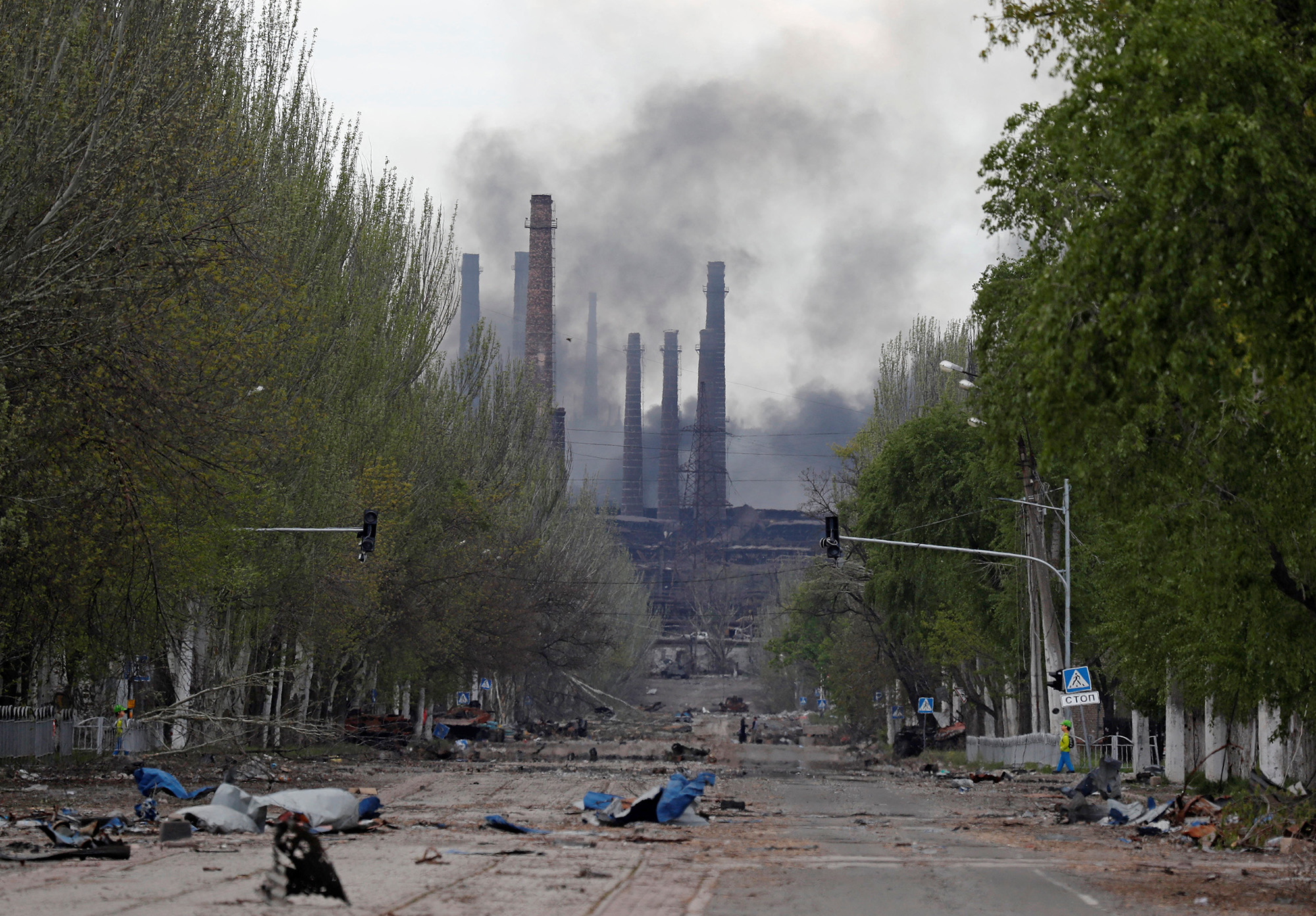 Smoke rises above the Azovstal Iron and Steel Works in the southern port city of Mariupol, Ukraine, on May 2.