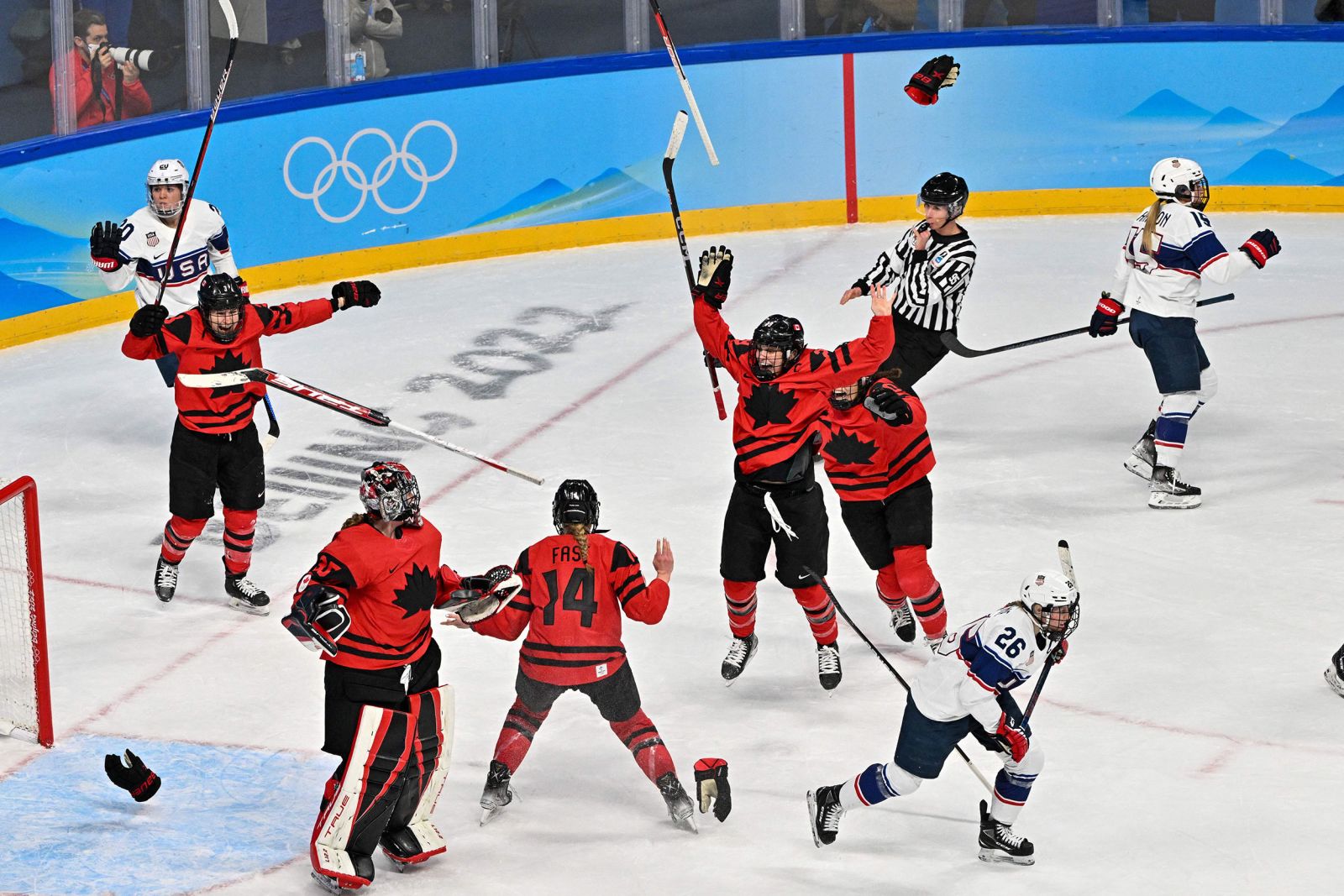 The Canadian women's hockey team celebrates after defeating the United States 3-2 in the gold-medal game on February 17. Since women's hockey became an Olympic sport in 1998, only Canada and the United States have won gold. The two countries have played in the gold-medal game in the last four Olympics, with Canada winning three of them.