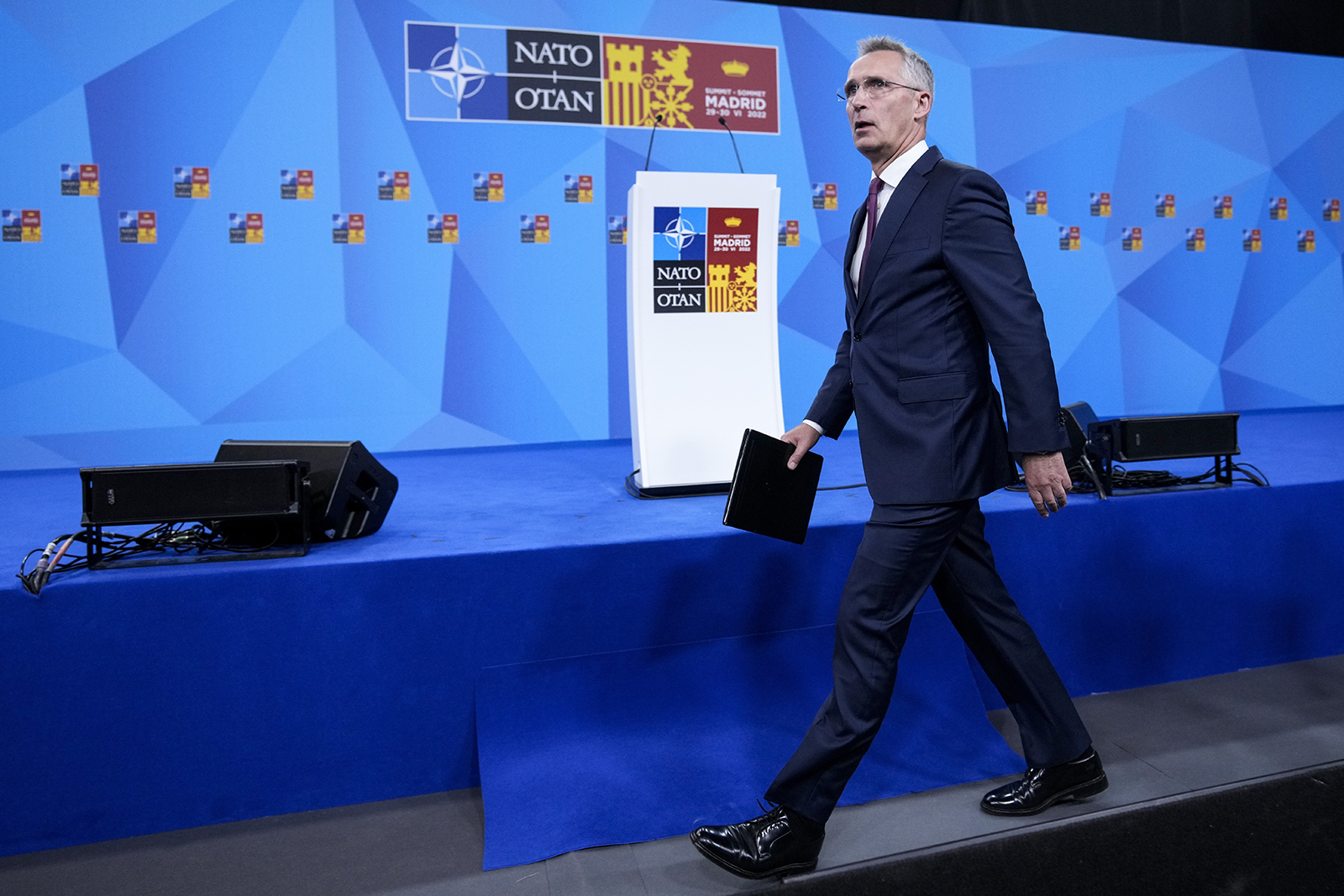NATO Secretary General Jens Stoltenberg arrives at a press conference during a NATO summit in Madrid, Spain on June 28. 