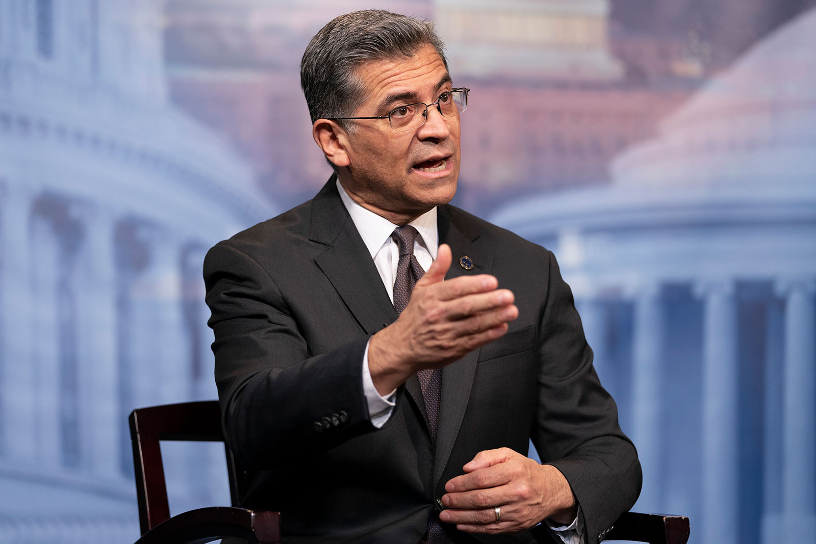 Health and Human Services Secretary Xavier Becerra is interviewed on Thursday, March 17, in Washington, DC. 