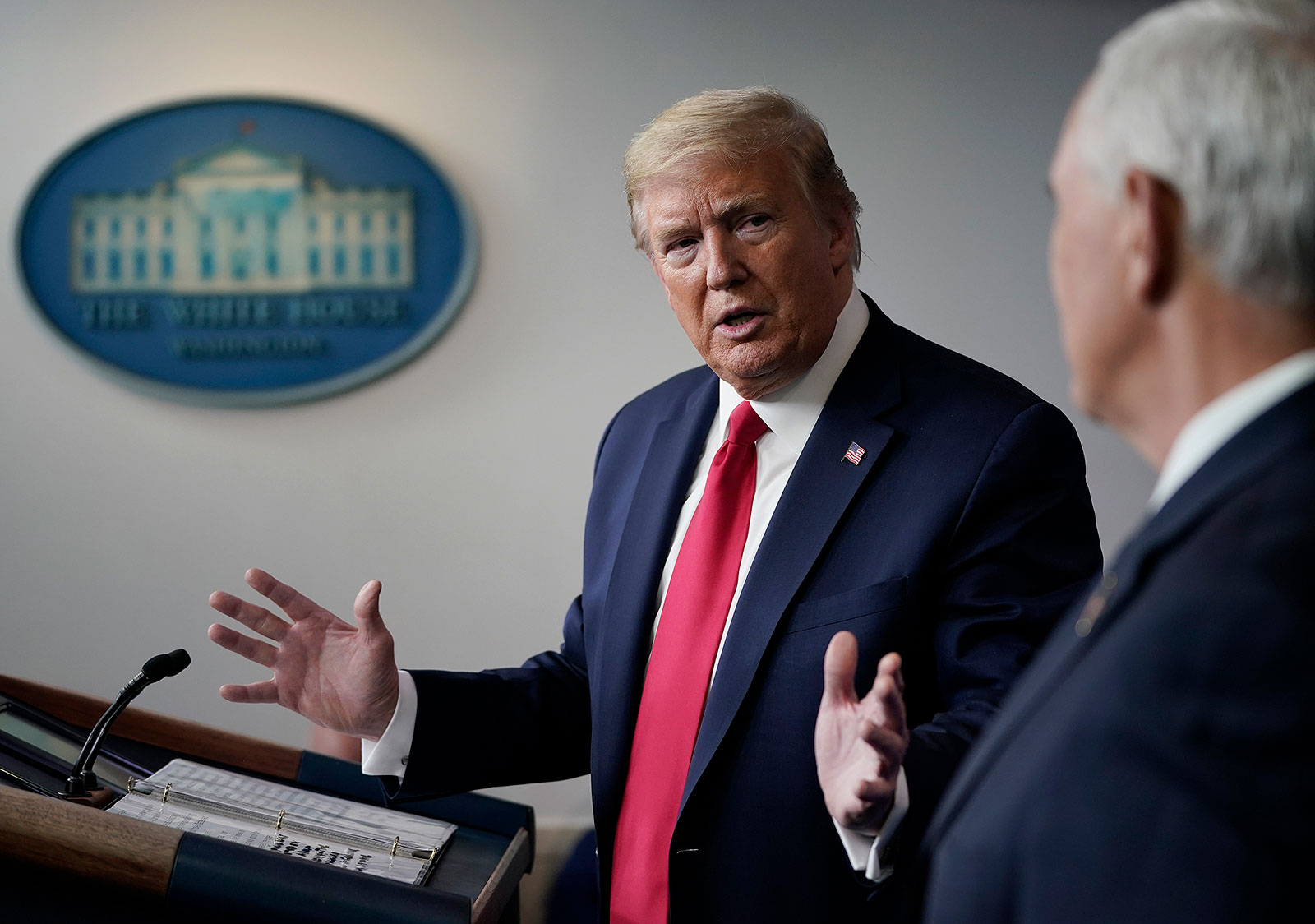 President Trump speaks during a coronavirus task force press briefing in April.