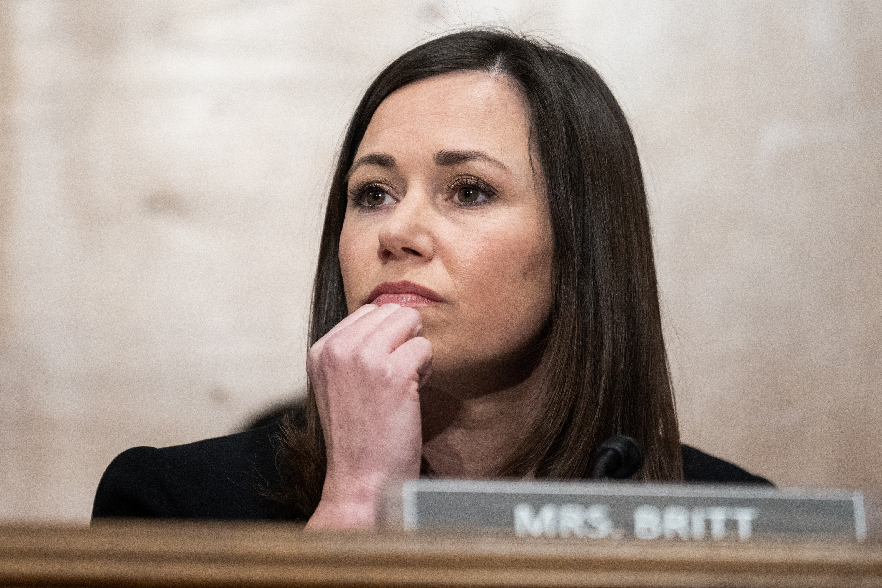 Republican Sen. Katie Britt attends the Senate Banking, Housing, and Urban Affairs Committee hearing in Dirksen Building, on  January 11, in Washington, DC.
