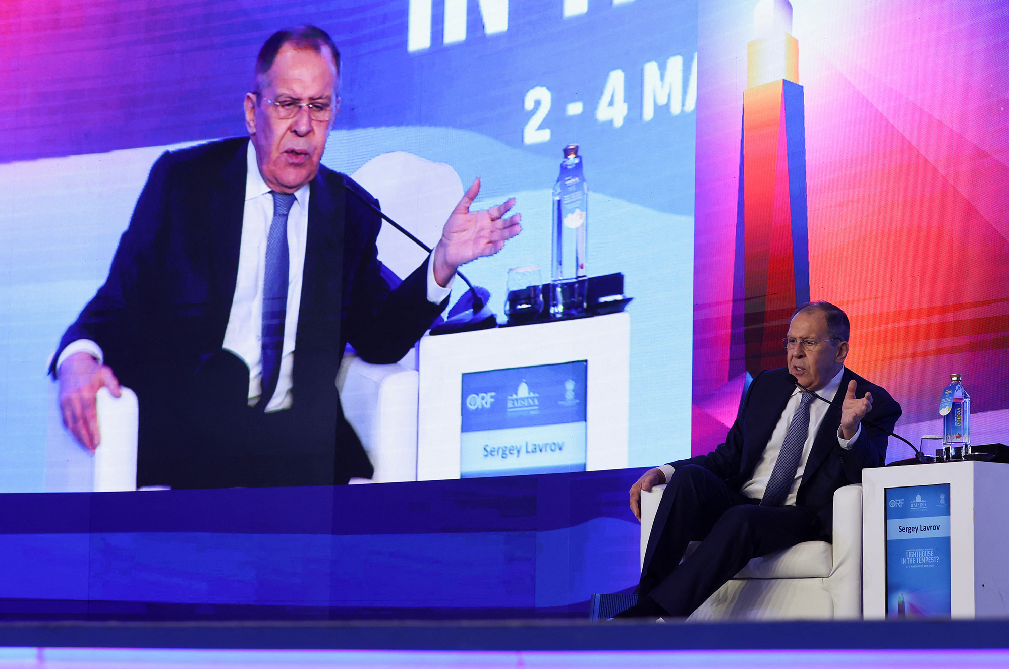 Russian Foreign Minister Sergey Lavrov speaks during the Raisina Dialogue 2023, in New Delhi, India, on March 3.