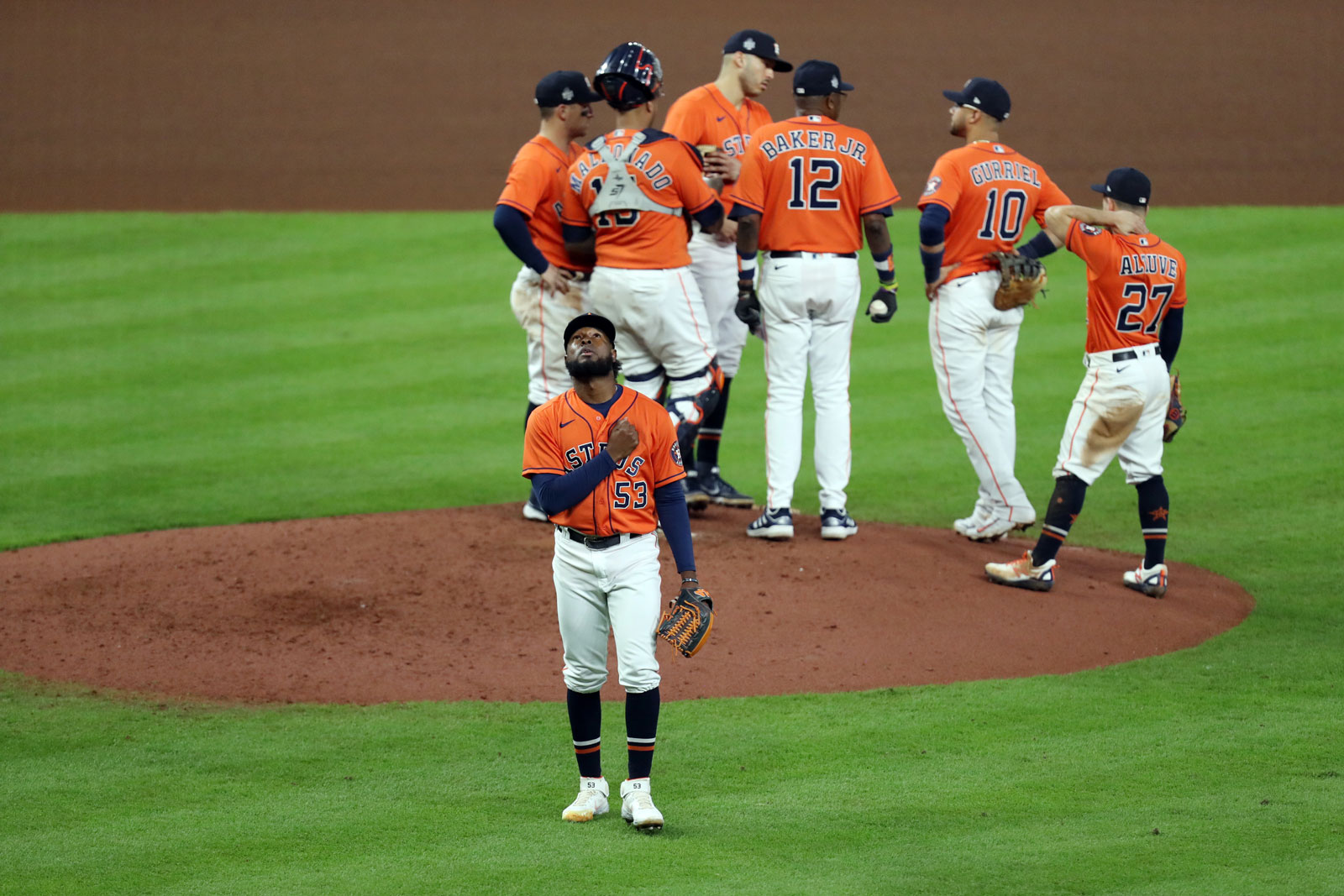 Cristian Javier of the Houston Astros reacts as he leaves the game in the seventh inning during Game 2.