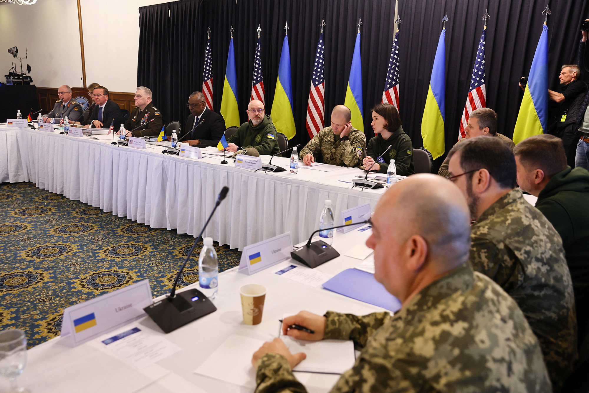 German Defence Minister Boris Pistorius, second left, meets with his U.S. counterpart, Secretary of Defense Lloyd Austin, fourth left, Ukraine's Defense Minister Oleksii Reznikov, fifth left, and U.S. Chairman of the Joint Chiefs of Staff Gen. Mark A. Milley, third left, to discuss how to help Ukraine defend itself, at Ramstein Air Base, Germany, on January 20.