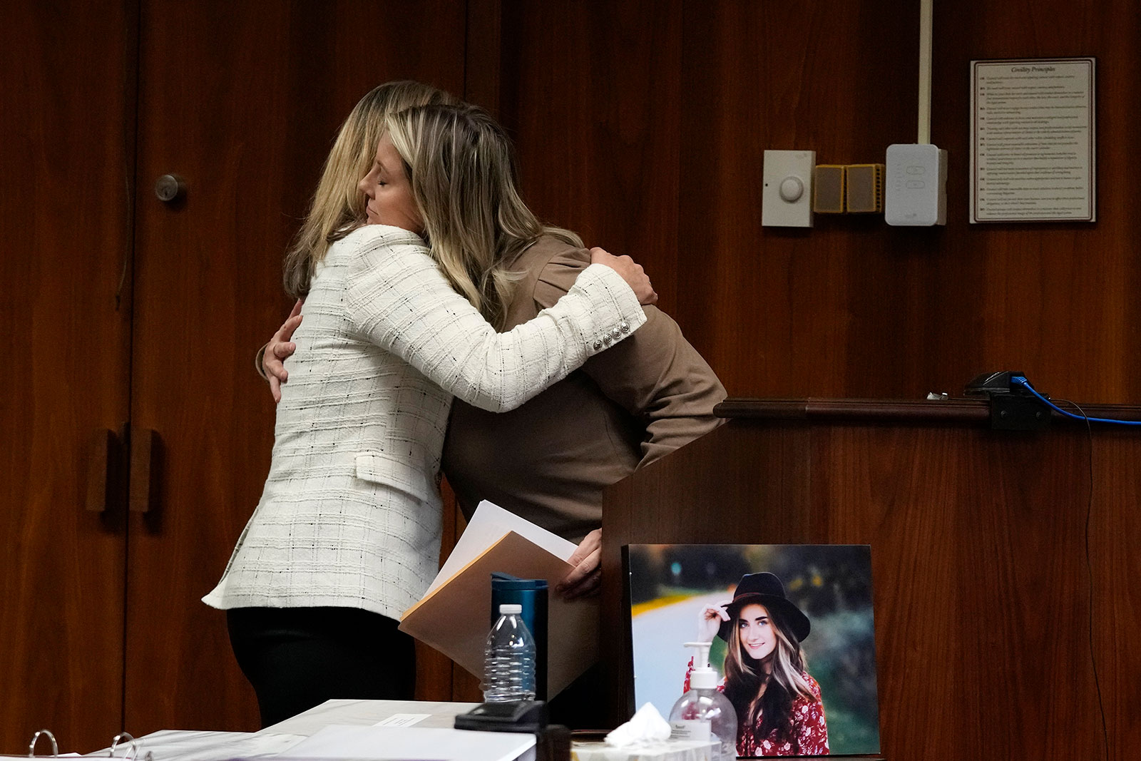 Oakland County prosecutor Karen McDonald hugs Nicole Beausoleil, mother of Madisyn Baldwin, after Nicole's victim impact statement, on Friday.