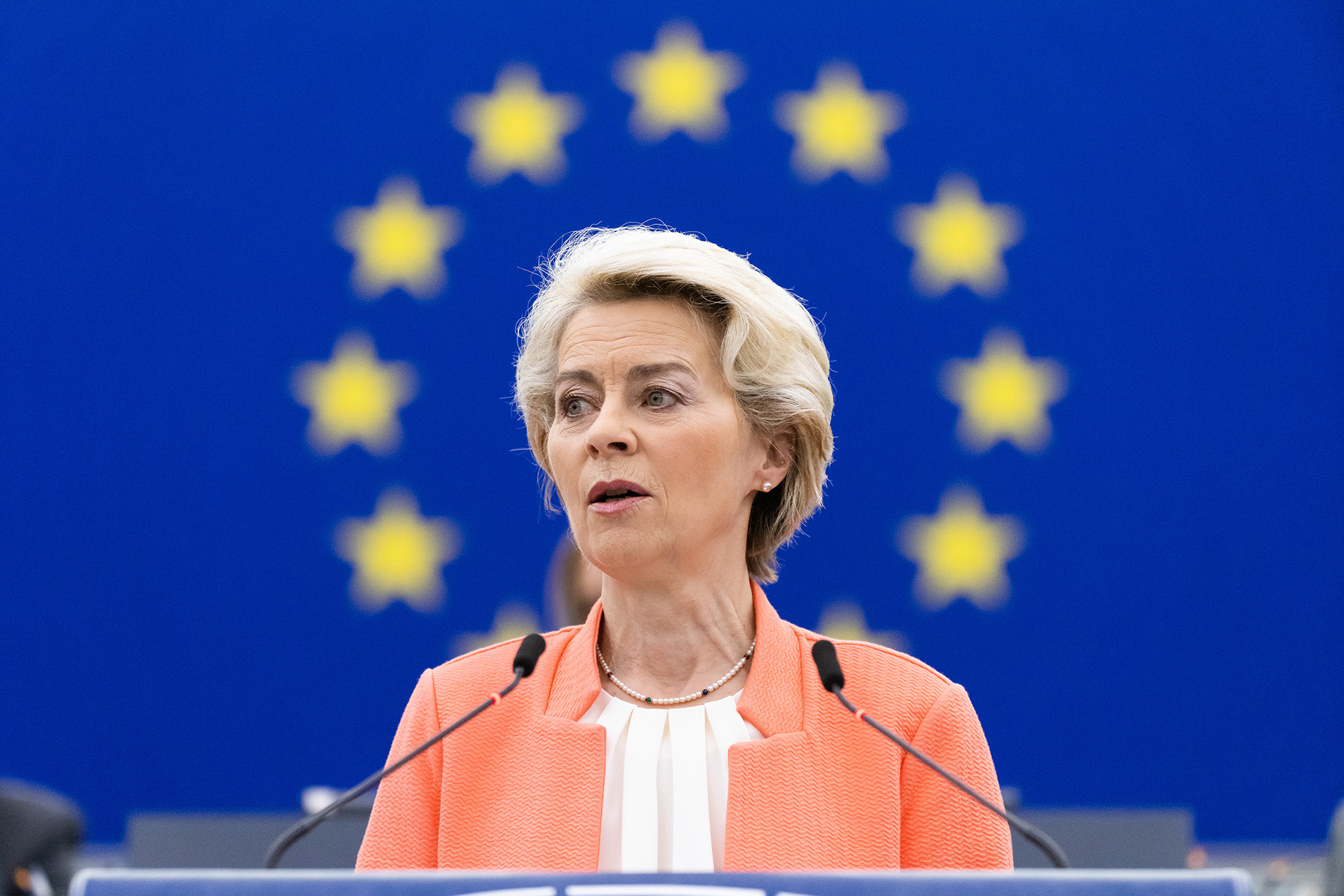 Ursula von der Leyen, President of the European Commission, speaks at the European Parliament building, Strasberg, France, on October 5.