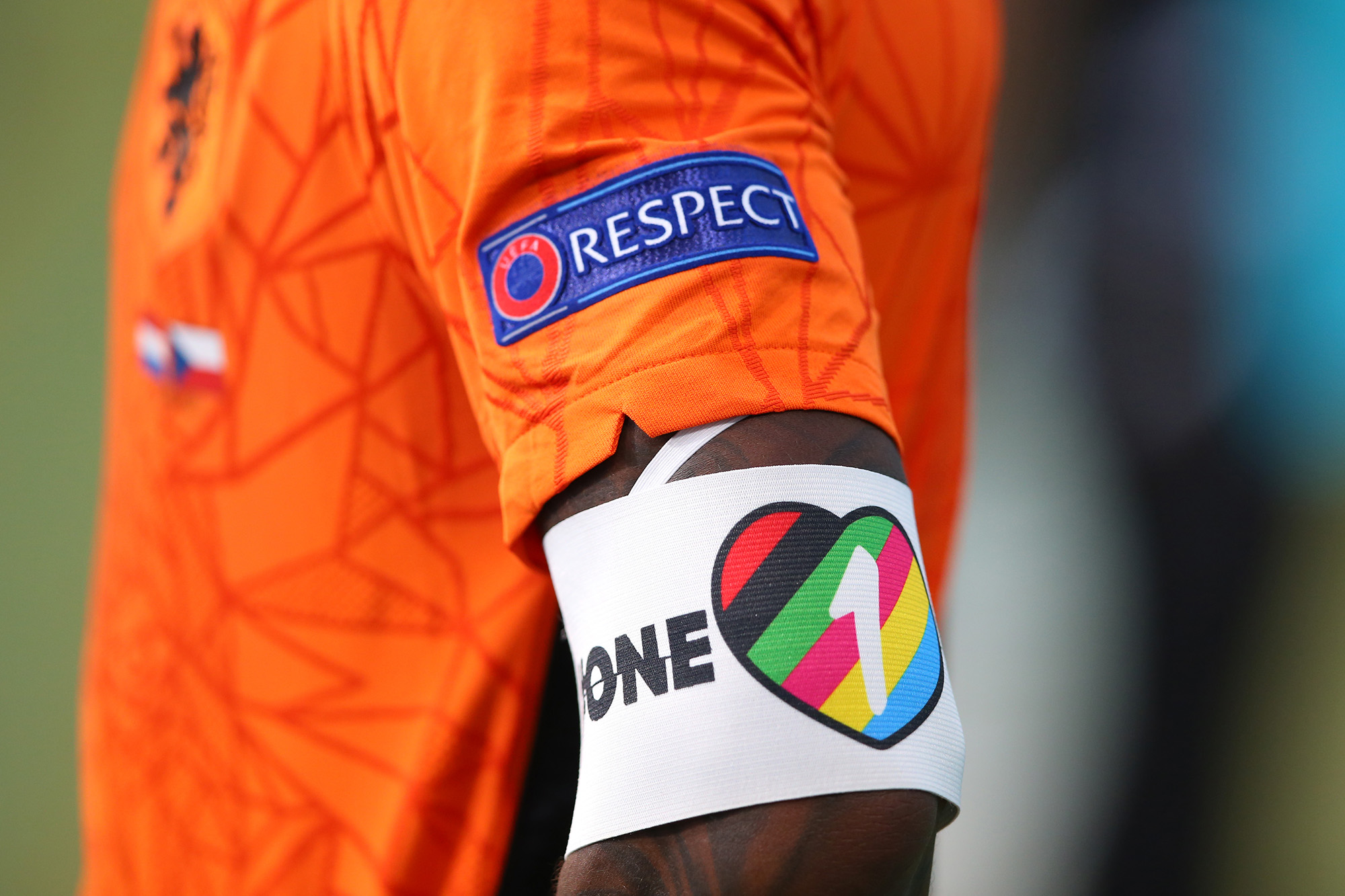 A detailed view of the 'ONE-LOVE' captains armband worn by Georginio Wijnaldum of Netherlands worn during a match between Netherlands and Czech Republic at Puskas Arena on June 27, 2021 in Budapest, Hungary.