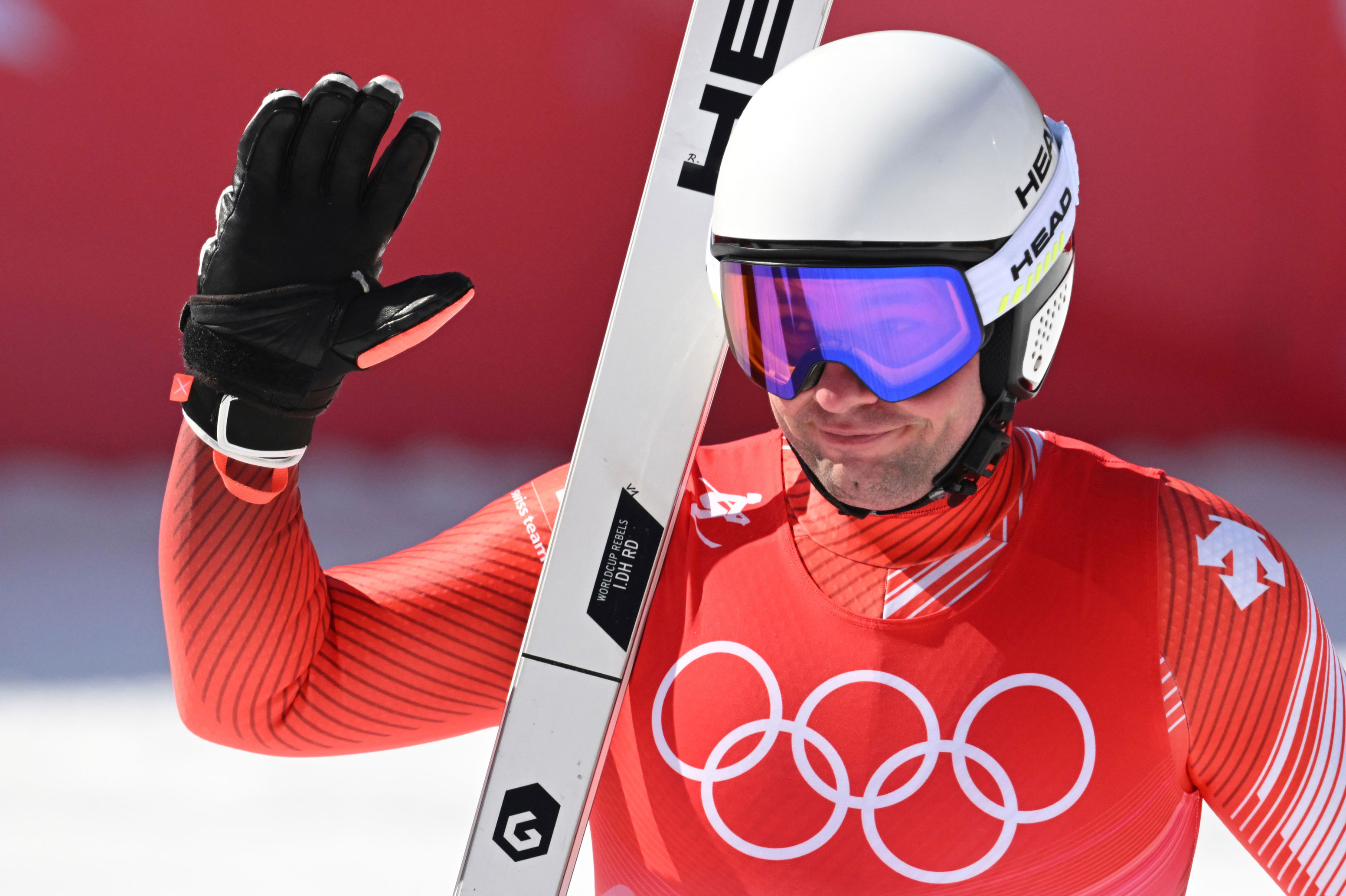 Switzerland's Beat Feuz reacts after competing in the men's downhill final  at the Yanqing National Alpine Skiing Centre in Yanqing on Monday.