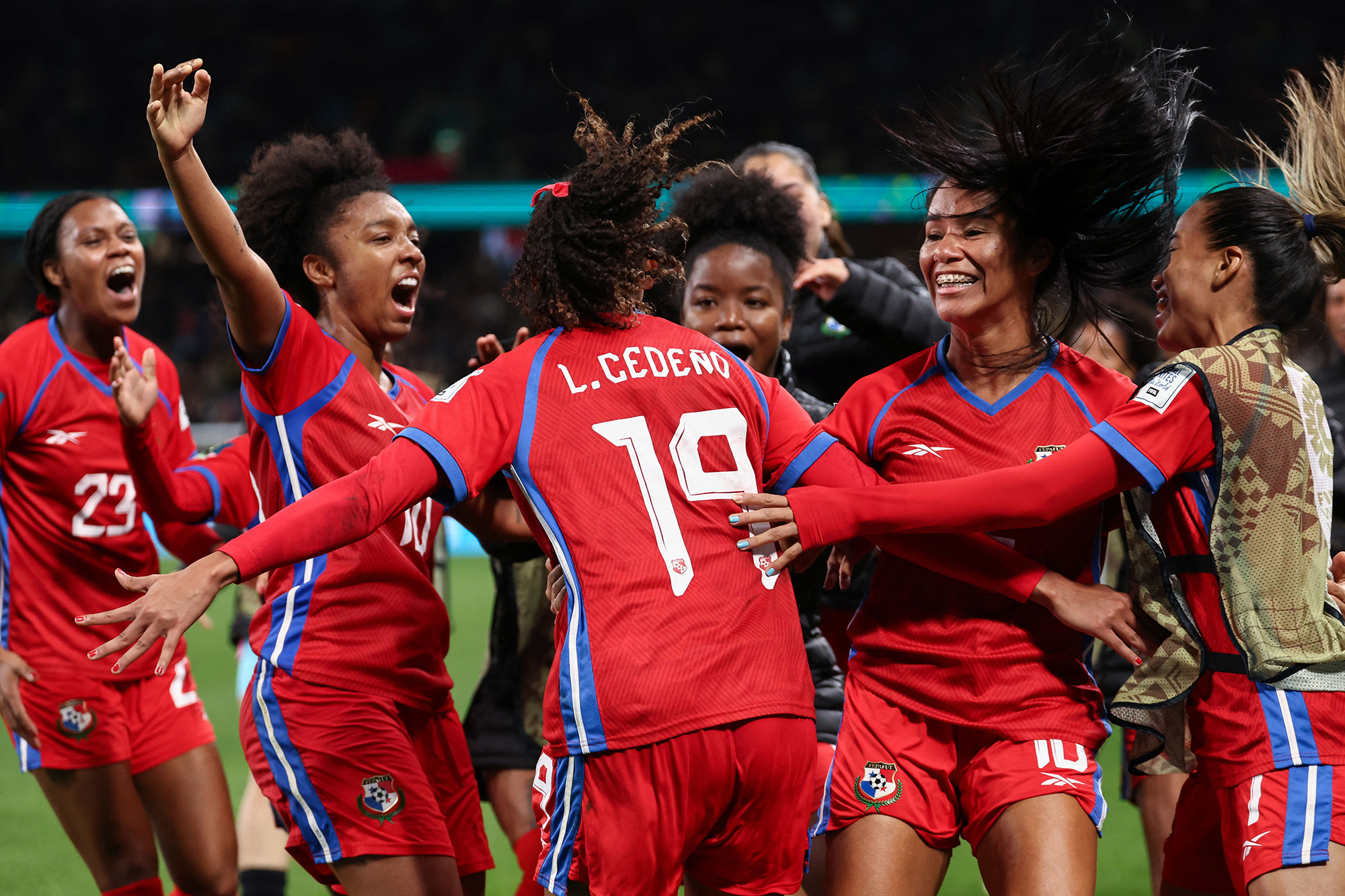 Panama's forward #19 Lineth Cedeno celebrates scoring her team's third goal during the Australia and New Zealand 2023 Women's World Cup Group F football match between Panama and France at Sydney Football Stadium in Sydney on August 2.