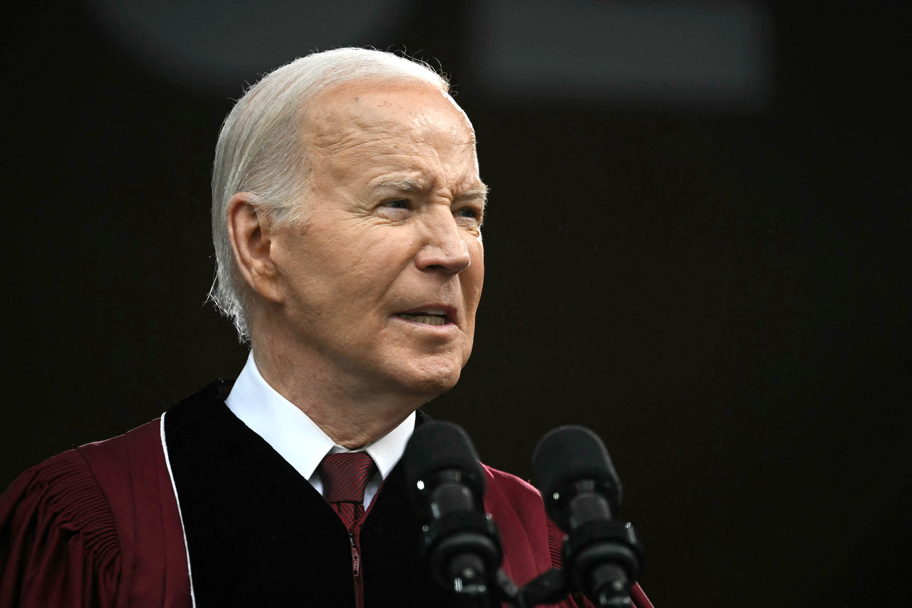 President Joe Biden speaks at Morehouse College in Atlanta, Georgia, on May 19. 