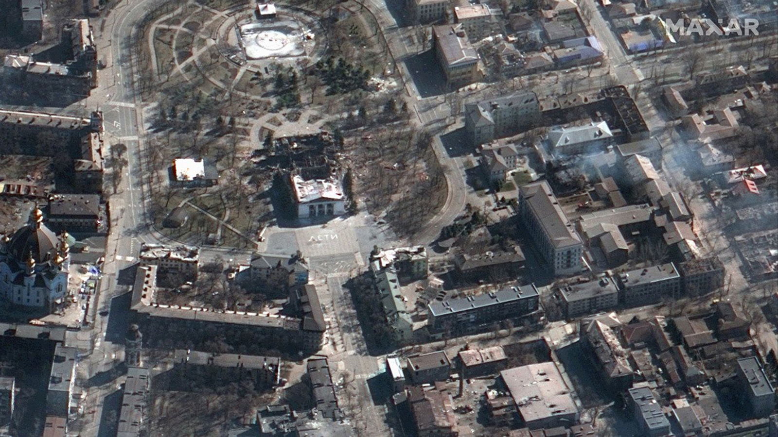 Mariupol theater seen in the aftermath of the Russian strike in this satellite image from March 19.