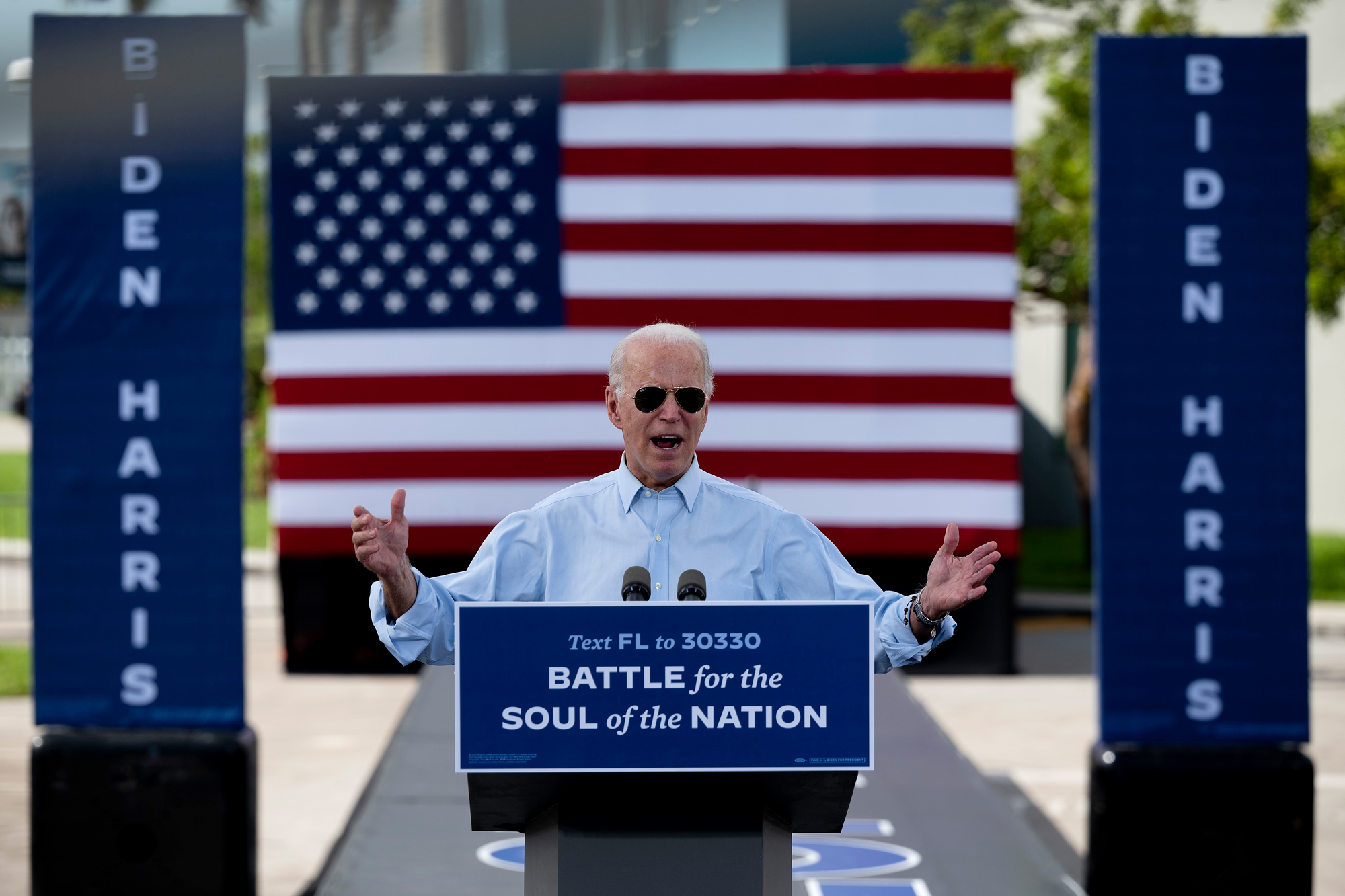 Democratic Presidential candidate Joe Biden delivers remarks at a Drive-in event in Coconut Creek, Florida, on October 29.
