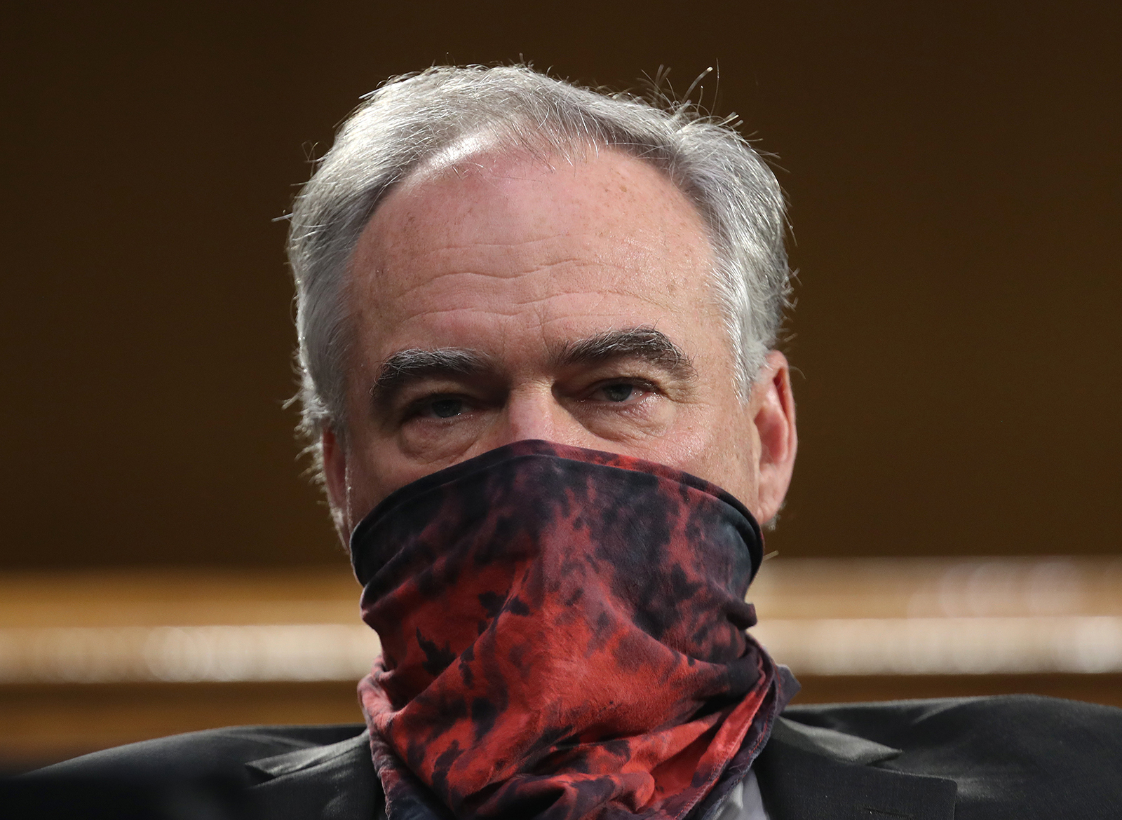 Sen. Tim Kaine wears a mask during a Senate Health, Education, Labor and Pensions Committee hearing on Capitol Hill on May 12, in Washington, DC. 