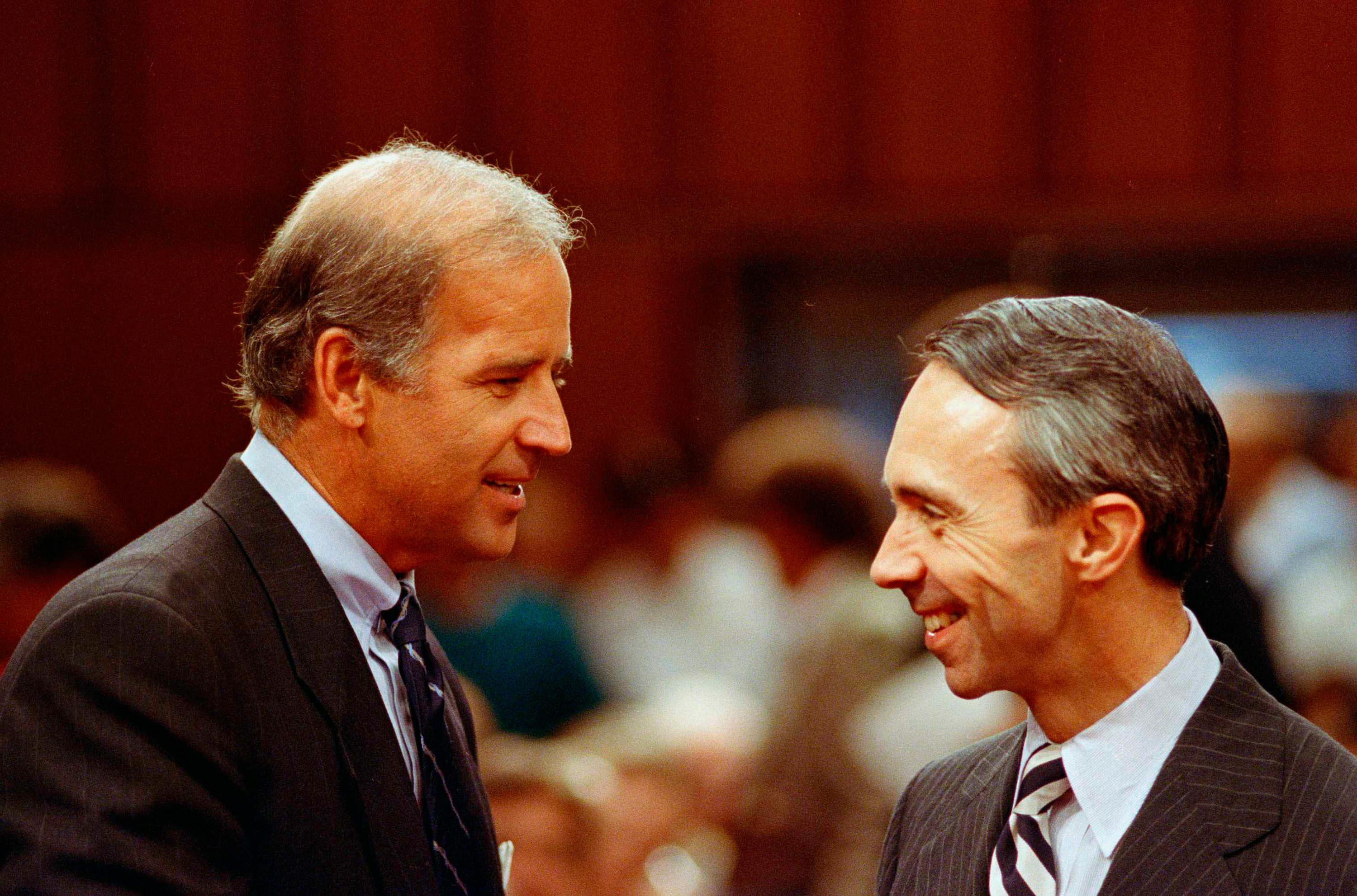 Then-Sen. Joseph Biden (D-Del.), chairman of the Senate Judiciary Committee, speaks with Supreme Court justice nominee David Souter before the start of confirmation hearings in September 1990. 