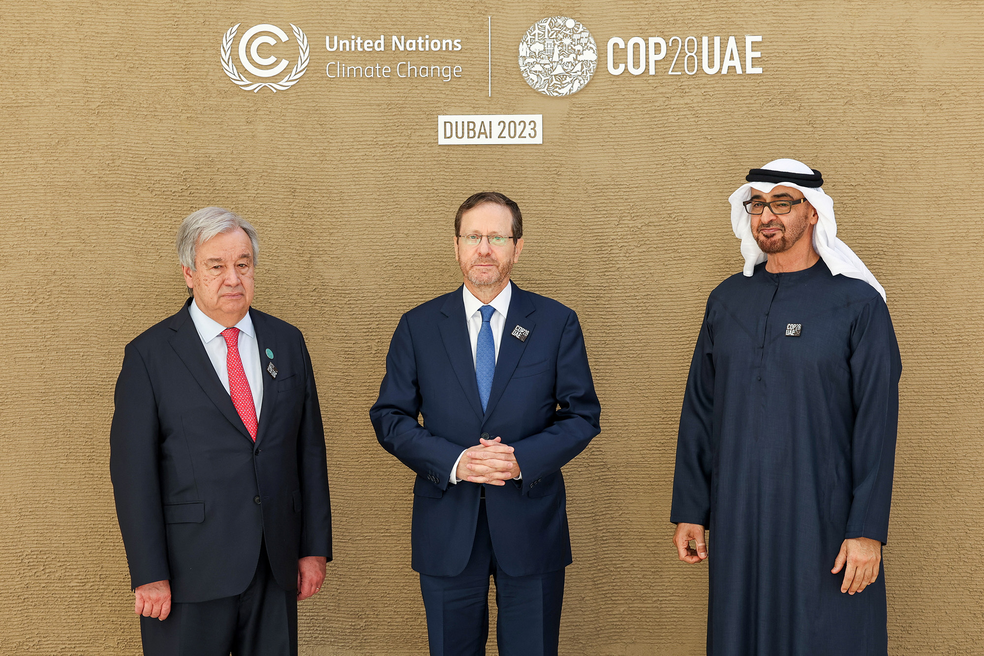 United Nations Secretary-General Antonio Guterres, left, Israel's President Isaac Herzog, center, and President of the United Arab Emirates Sheikh Mohamed bin Zayed Al Nahyan pose during United Nations Climate Change Conference (COP28) at Expo City Dubai, in Dubai, United Arab Emirates, on December 1.